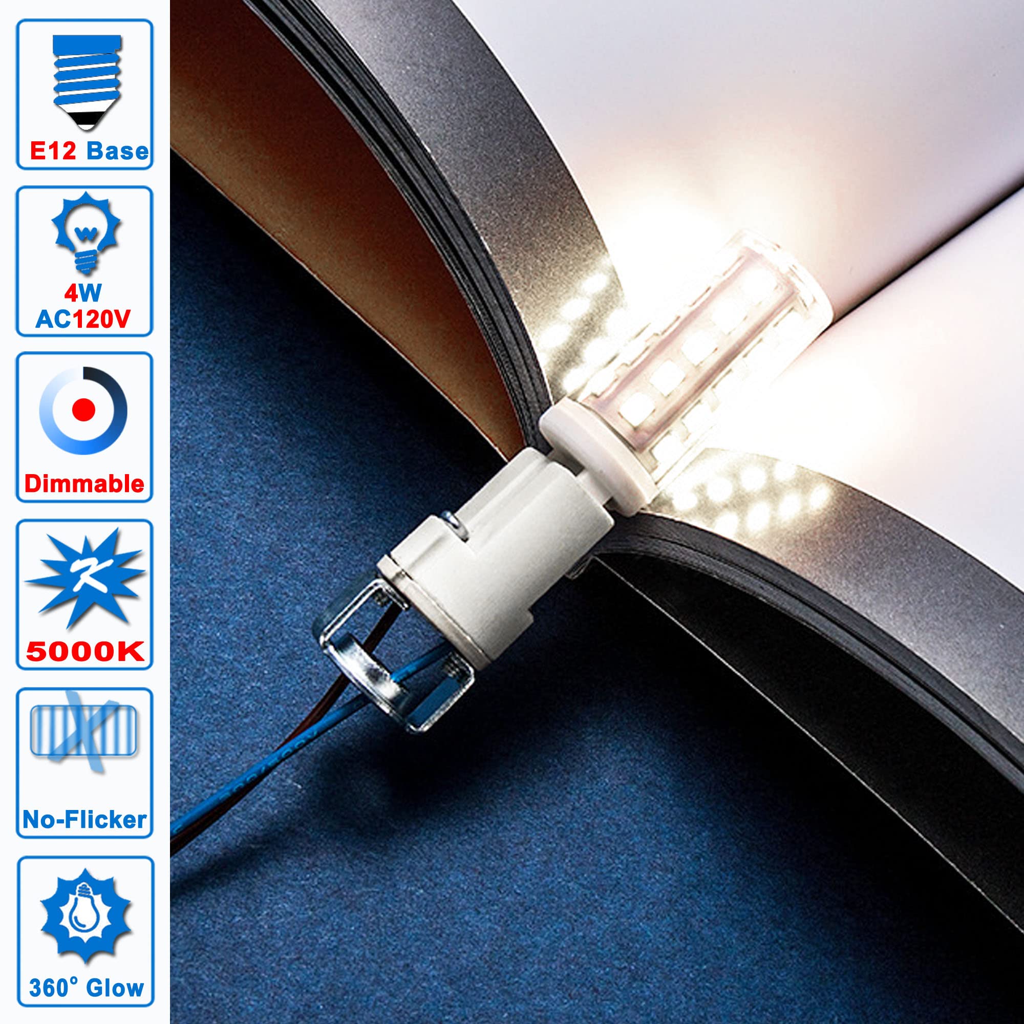 Ziomitus Dimmable E12 C7 5000K Daylight White Candelabra Led Light Bulbs 4W, E12 Kx-2000 25W-40W Halogen Equivalent, T6 Small Ba