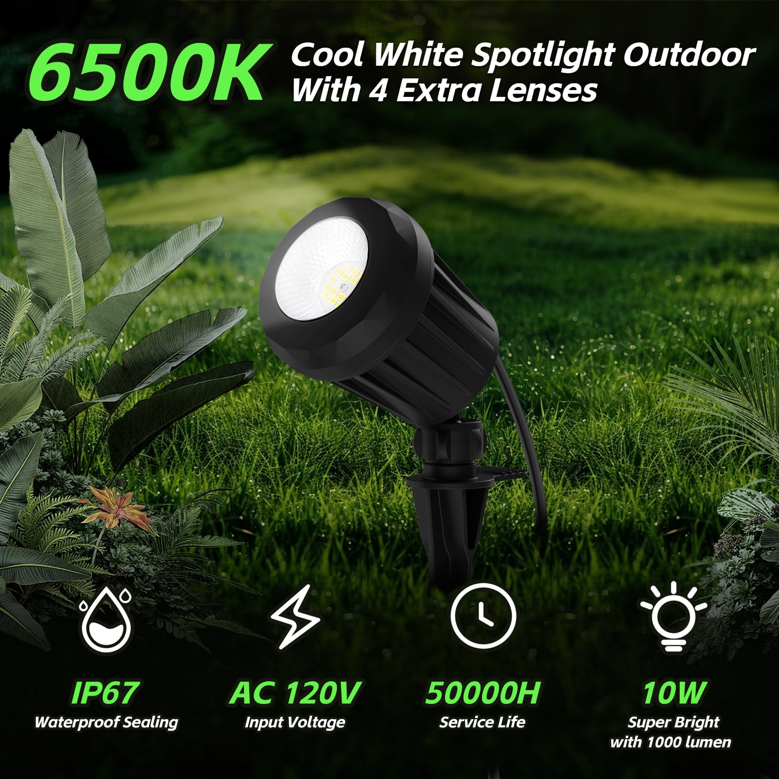 Holeva Halloween & Christmas Outdoor Spotlight  6500K Cool White Led Landscape Lighting With 4 Lenses (Rgb Purple)  Ip67 Waterproof  120V Plug-In For Yard  Garden Tree Holiday Decor(1 Pack  Black)