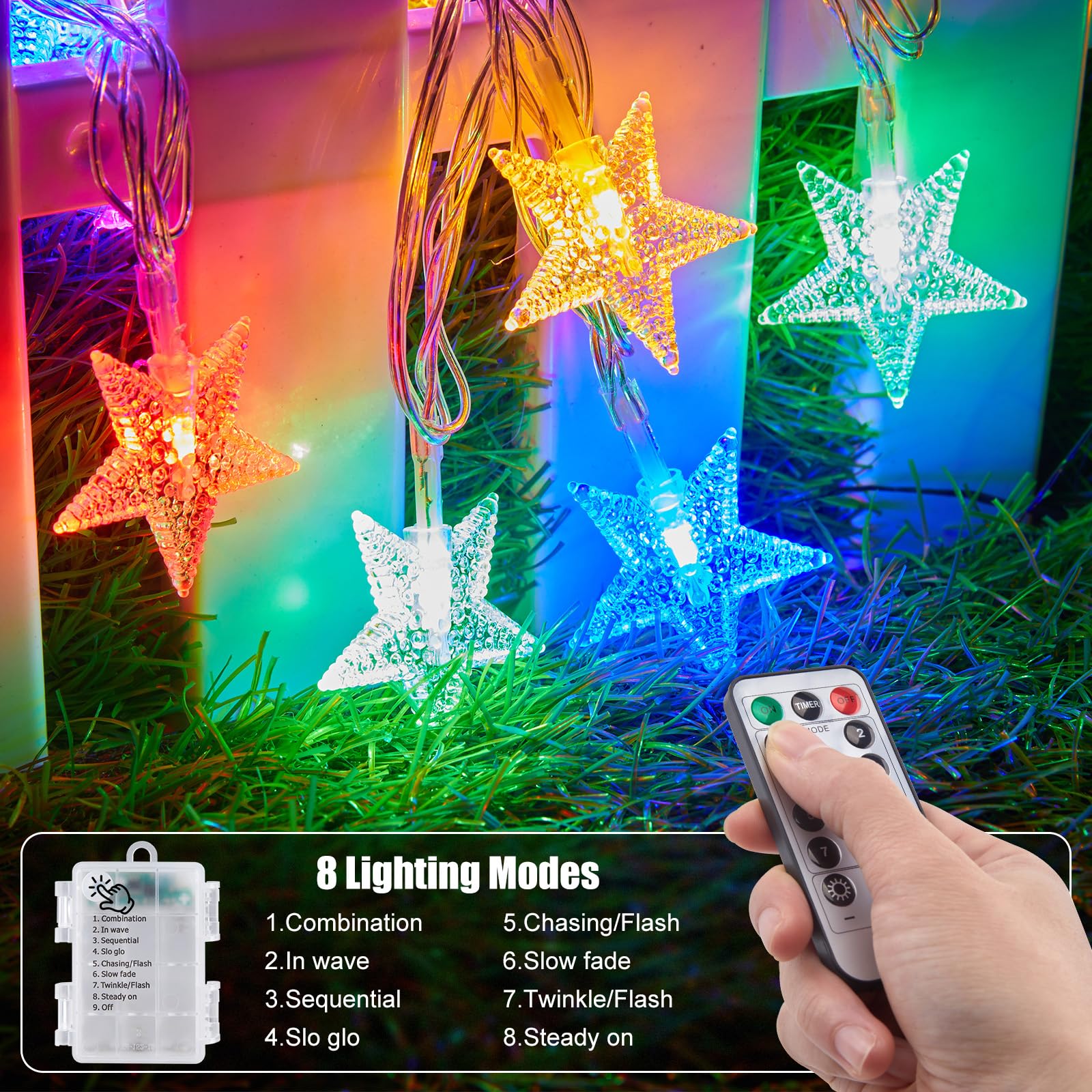 Brightown Star String Lights 50 LED 17ft Remote & Timer 8 Modes Waterproof 2 Pack Multicolor