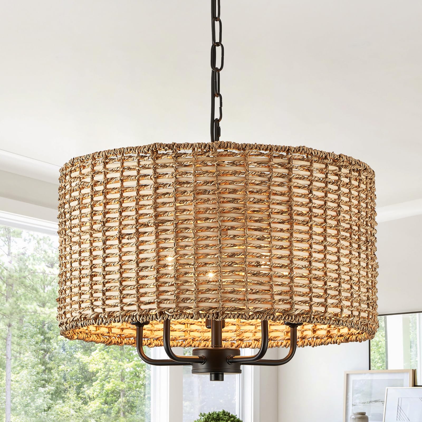 HLMRCHEN 5 Lights Chandeliers 18'' Rattan Light Fixture with Drum Woven Shade, Boho Chandelier for Kitchen Island,Entryway,Over 