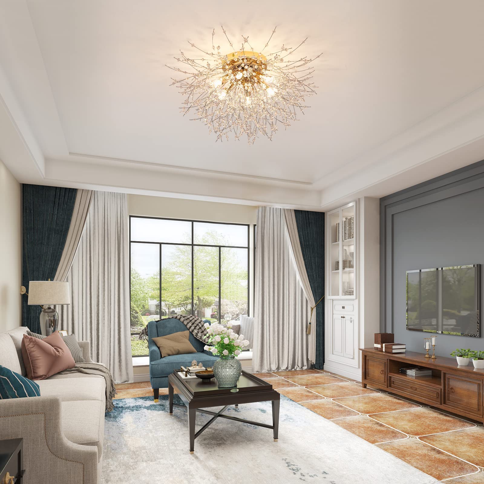 6-Light Sputnik Flush Mount Ceiling Light Fixture, Modern Gold Crystal Firework Ceiling Lights, Close To Ceiling Lamp For Bedroo