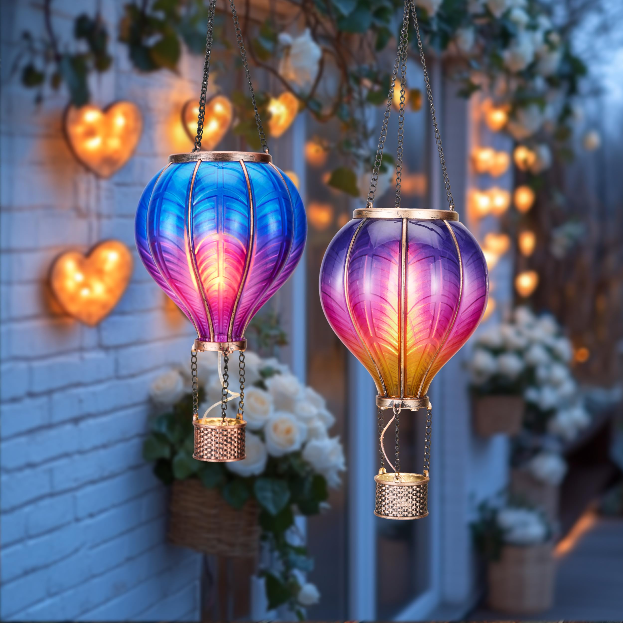 Teresa'S Collections 2 Pack Hanging Solar Lantern Outdoor Garden Decor For Valentine ,Waterproof Plastic Hot Air Balloon Purple