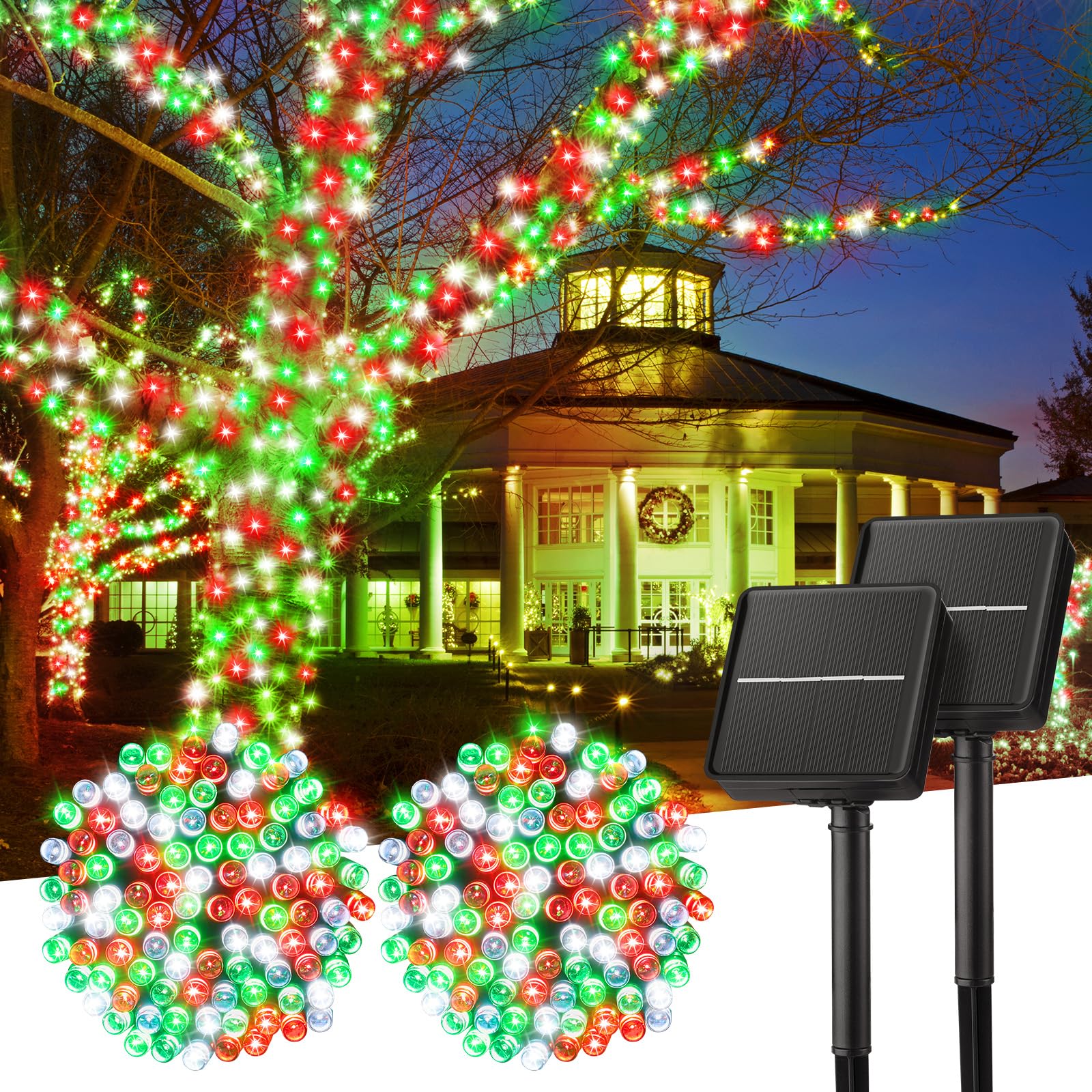 Minetom Solar Christmas Lights Outdoor Waterproof, 2 Pack Total 80FT 200 LED Solar Lights with 8 Modes, Solar Christmas Outdoor Decoration, Solar String Lights for Outside House Tree,Red Green & White