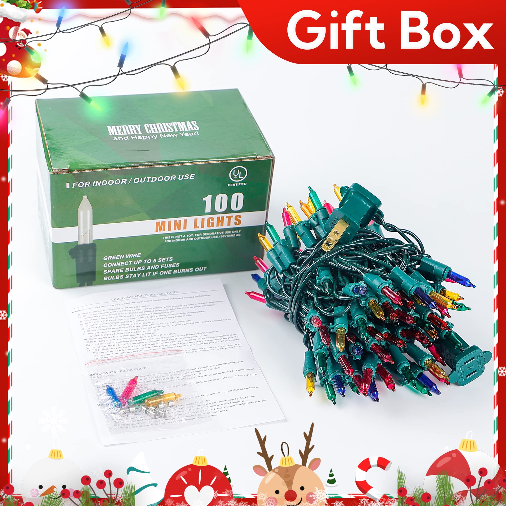 Oopswow Mini String Lights, 100 Count 23Ft, Multicolor Incandescent Bulbs On Green Wire For Indoor Christmas Tree & Holiday Decor