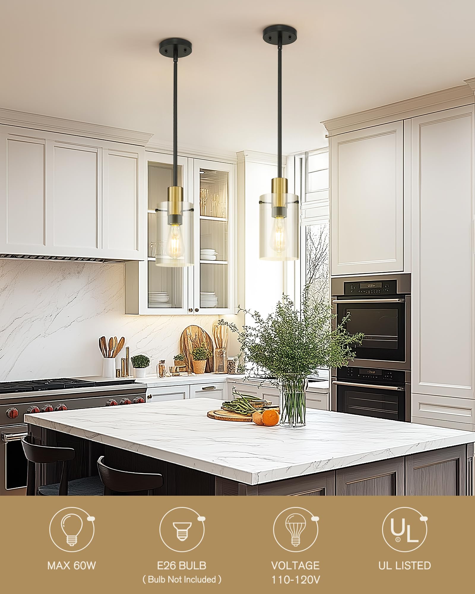 Emak 2 Pack Black And Gold Pendant Light,Modern 5 Inch Pendant Lights Kitchen Island With Clear Glass Shade, Farmhouse Kitchen I