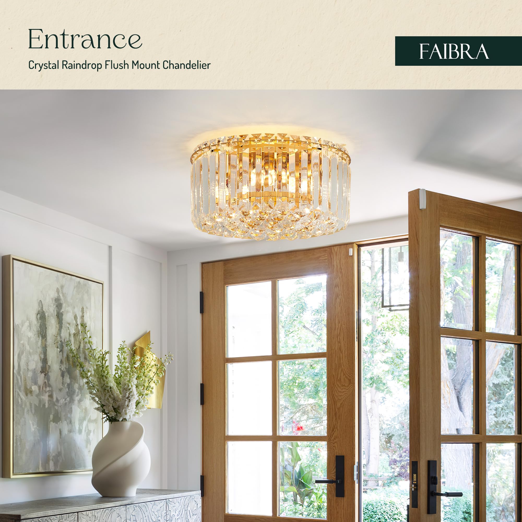 Faibra Gold K9 Crystal Raindrop Flush Mount Ceiling Light - 12.6" Modern Chandelier for Dining Room, Bedroom, Hallway, Kitchen, Living Room