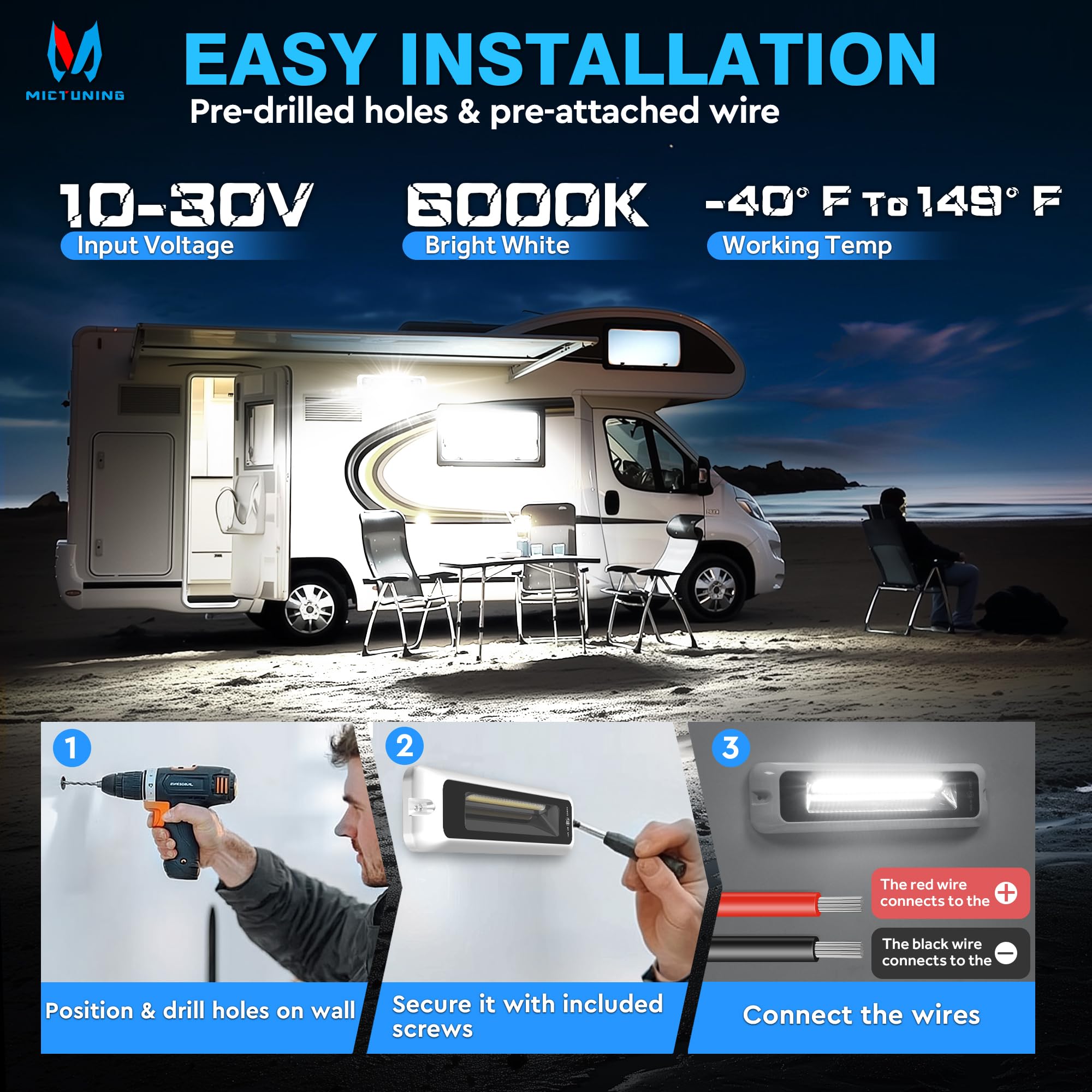 MICTUNING 8 Inch RV Exterior Porch Light, LED 6000K, Waterproof Aluminum, Black, 1 Pack