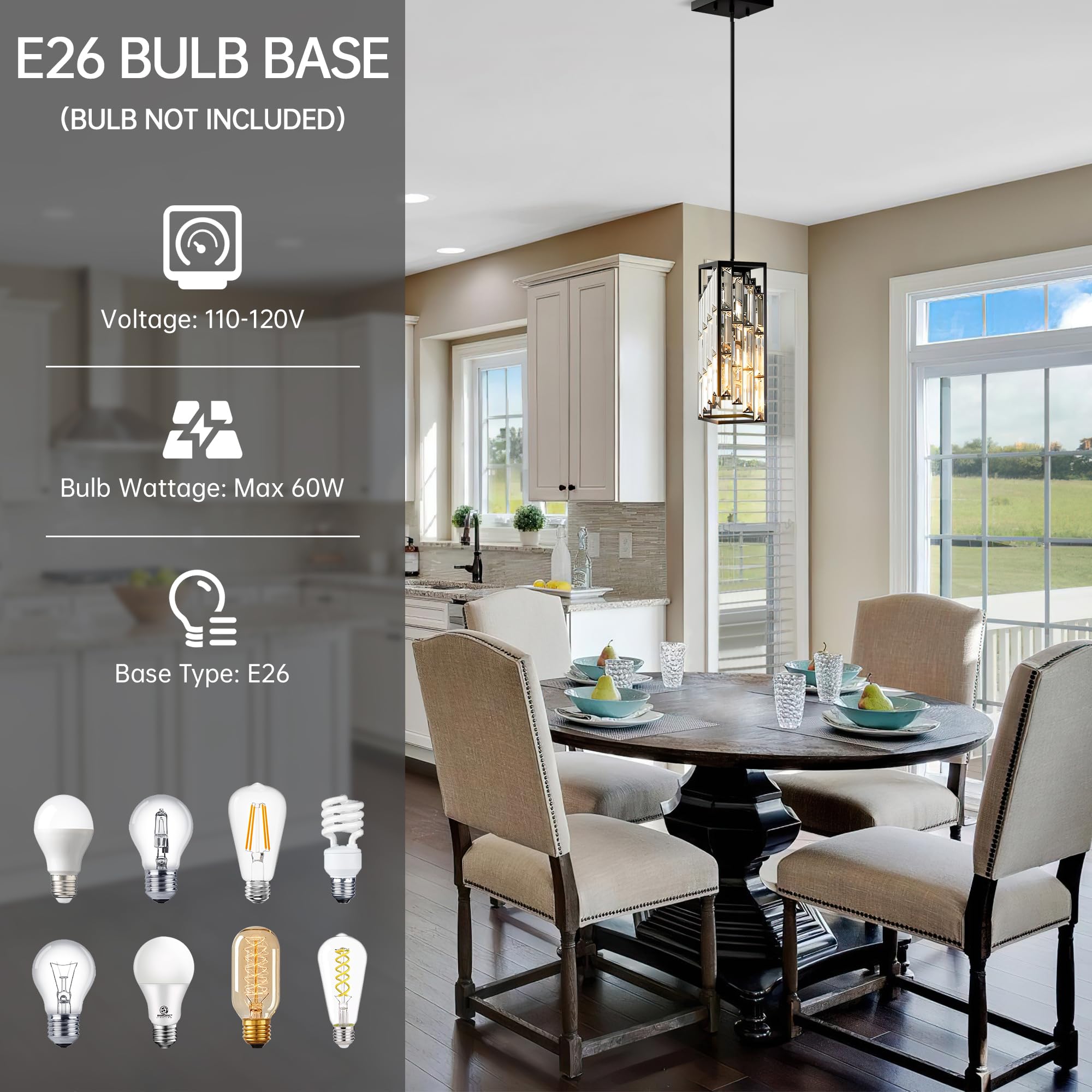 Esfos Black Pendant Lights - 3 Pack Mini Crystal Chandeliers for Kitchen Island, Dining Room, Bedroom - Modern Glass Ceiling Fixtures