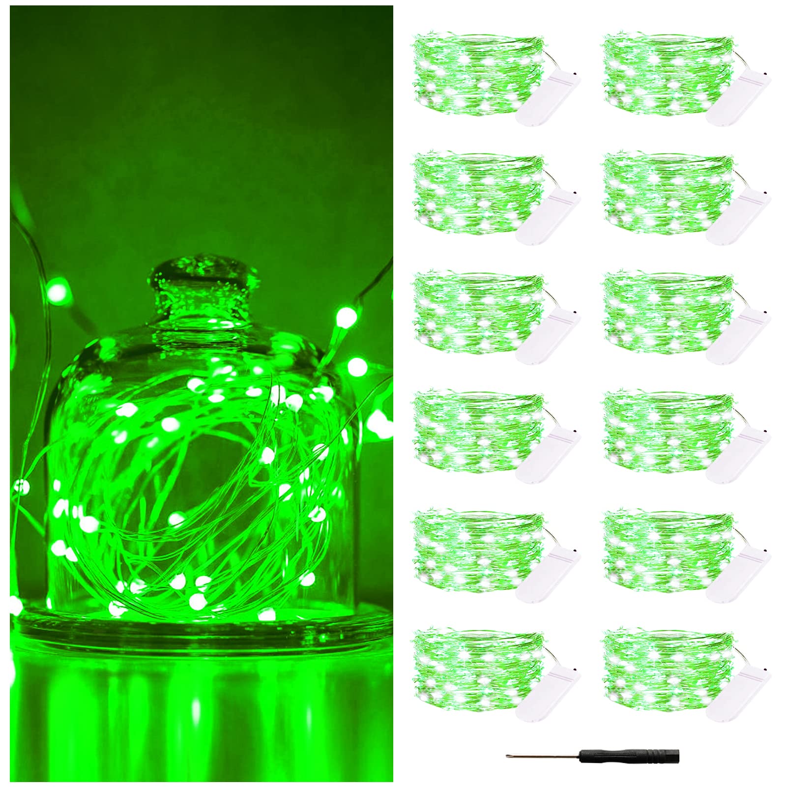 Bexdir 12 Pack Fairy Lights - 7Ft Waterproof Silver Wire String Lights, Battery Operated, Green Copper Mini Lights For Home Decor
