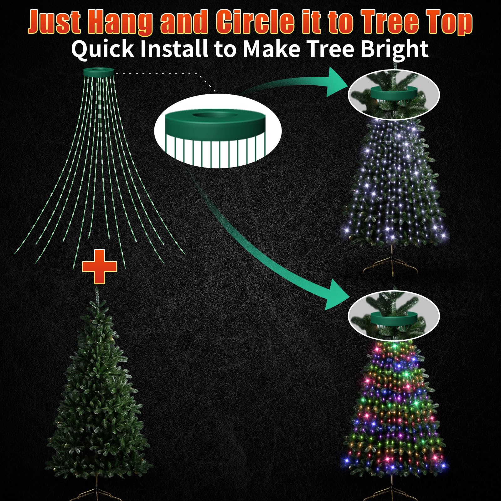 Comfyaura 12 Modes Easy Christmas Tree Lights With Ring Indoor Outdoor - 6.56Ft X 12 Lines String 288 Led Timer Dimmable Remote Waterproof Lights For 6 7 Ft Xmas Tree Decor (Cool White Or Multicolor)