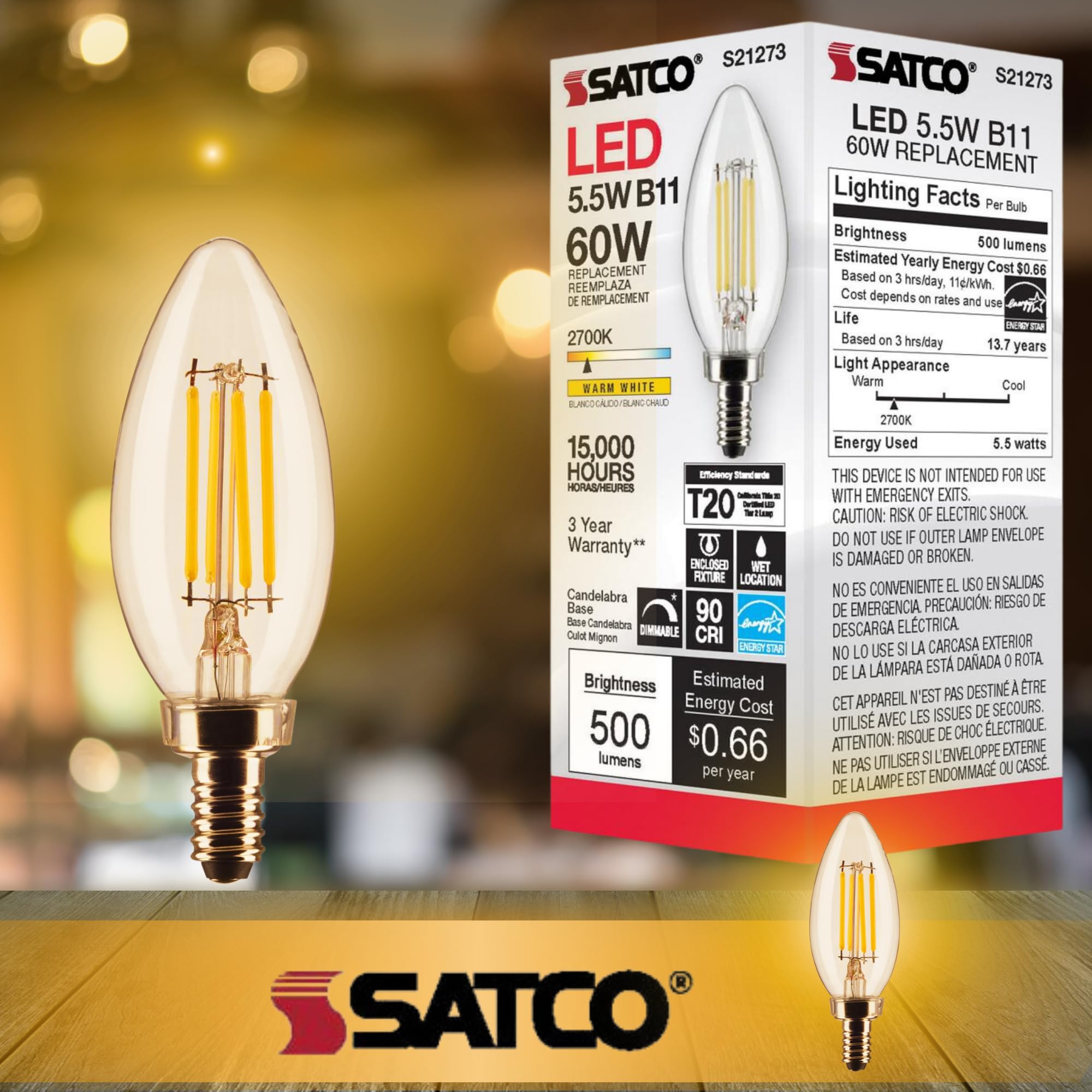 Satco Lighting S21273-5.5 Watt B11 Led Clear Dimmable Light Bulbs - Candelabra Base - 90 Cri - 2700K - 120 Volts - 15,000 Hours