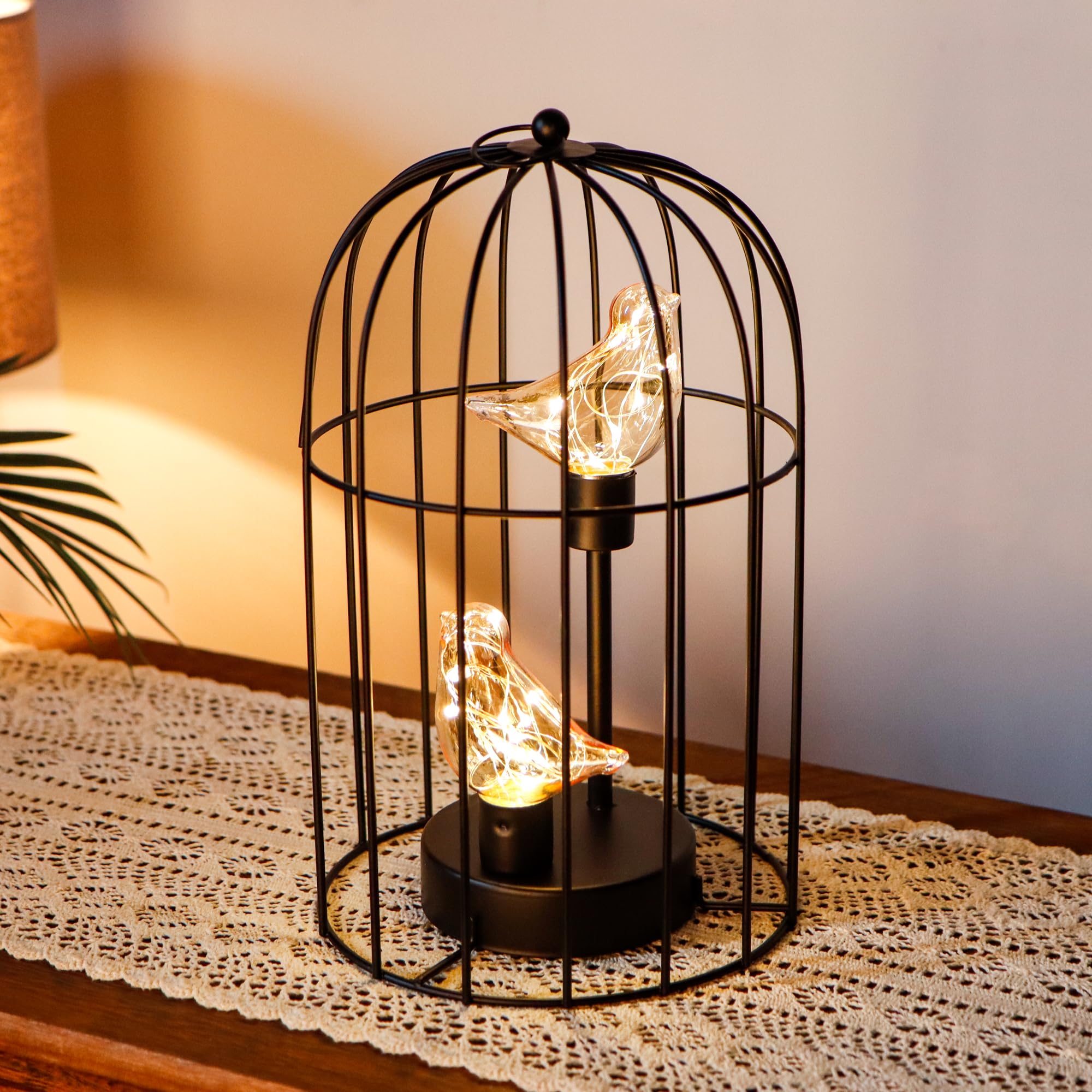 Jhy Design Birdcage Decorative Lamp Battery Operated 12'' H Cordless Table Lamp With Warm White Fairy Lights Bird Bulb For Indoo