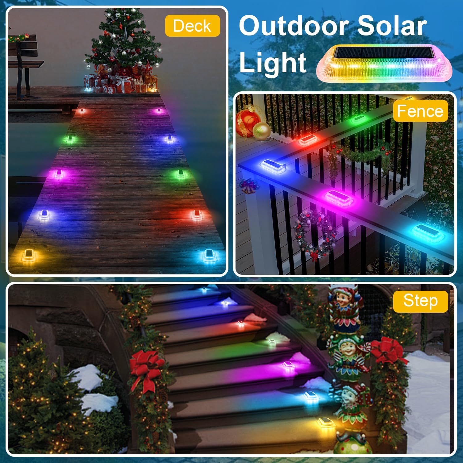 T-Sun Rgb Solar Step Lights For Outside,7 Colors Stair Lights Outdoor Waterproof Led Deck Lights 2 Lighting Modes, Solar Front P