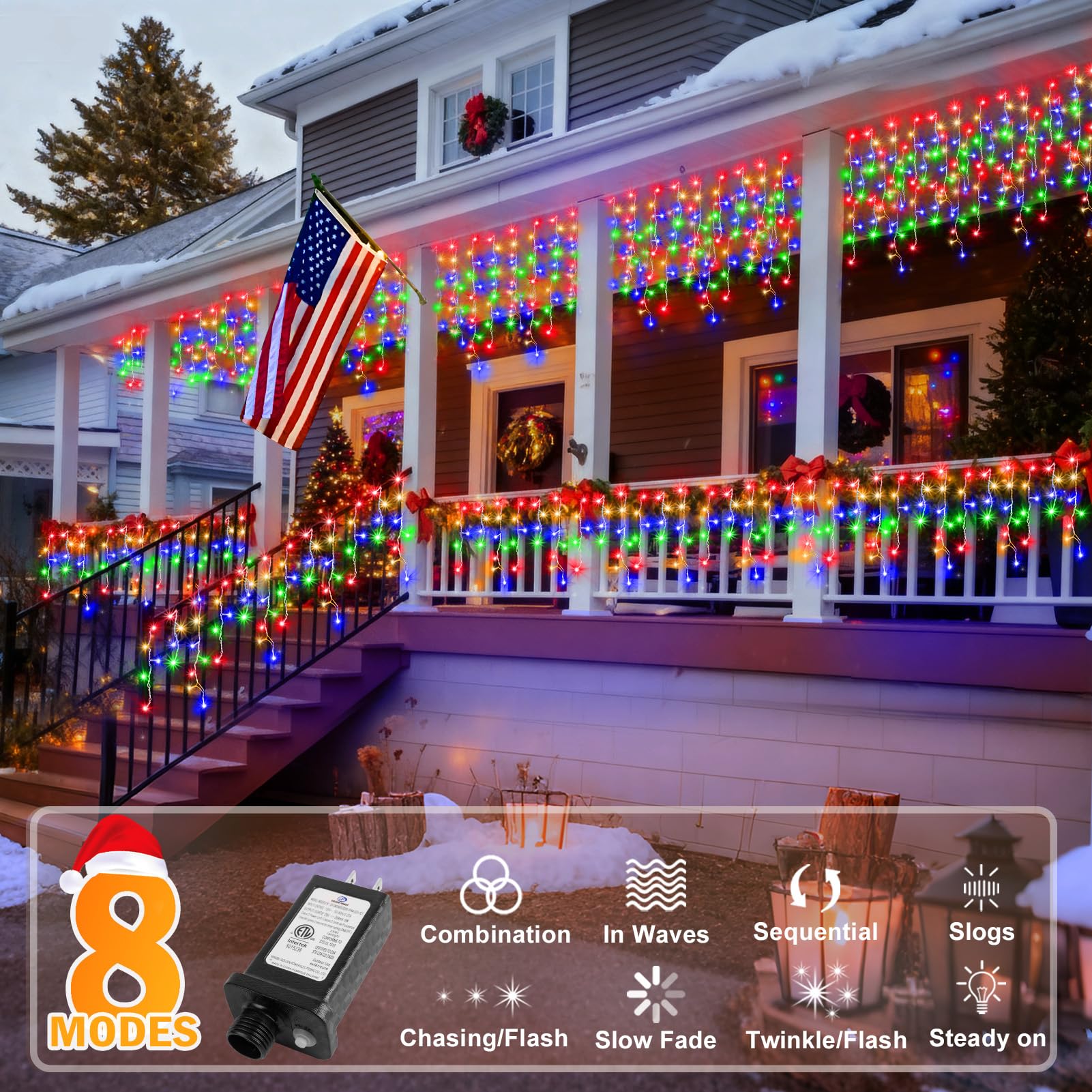 Knonew 99Ft 1216 Led Multicolor Christmas Lights - 8 Modes Curtain Fairy String Light Decor For Weddings, Parties, And Holidays