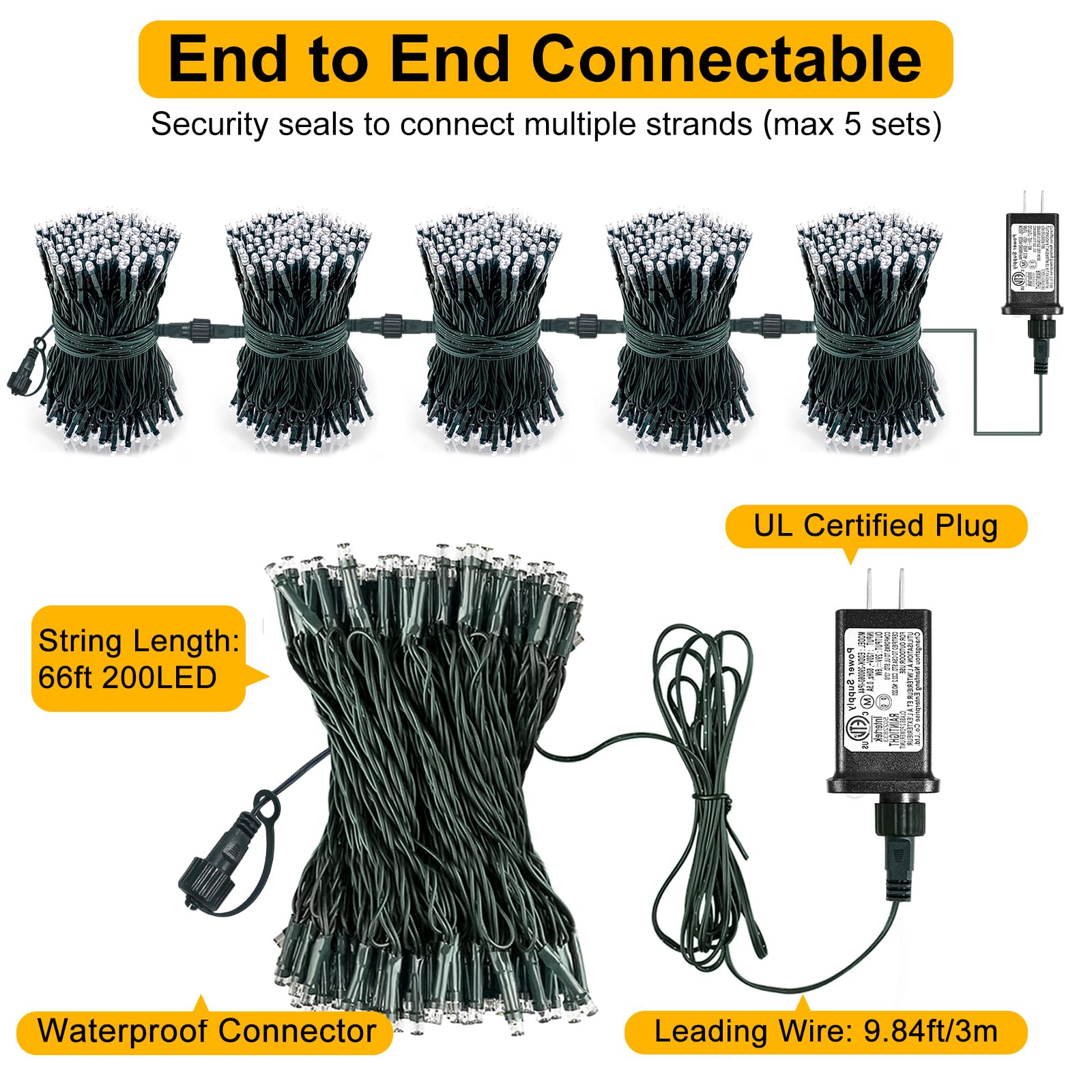 Christmas Lights Outdoor, 66Ft 200 Led Christmas Tree Lights With 8 Modes Waterproof, Plug In Green Wire Connectable Twinkle Str