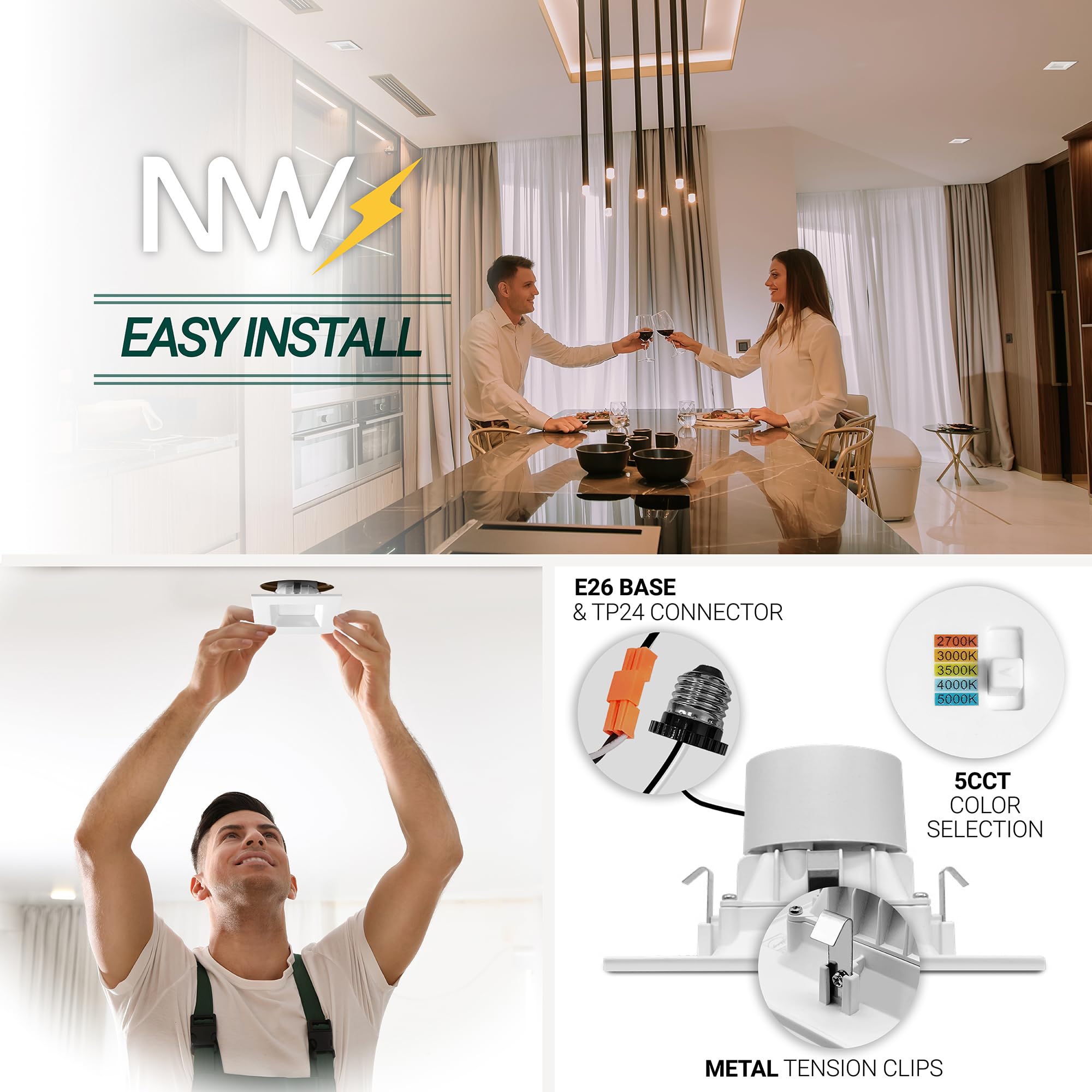 Nuwatt 12 Pack, 4 Inch Square Retrofit Led Recessed Lighting, 5Cct Selectable 2700K/3000K/3500K/4000K/5000K, 750 Lumens, 11W, Sq