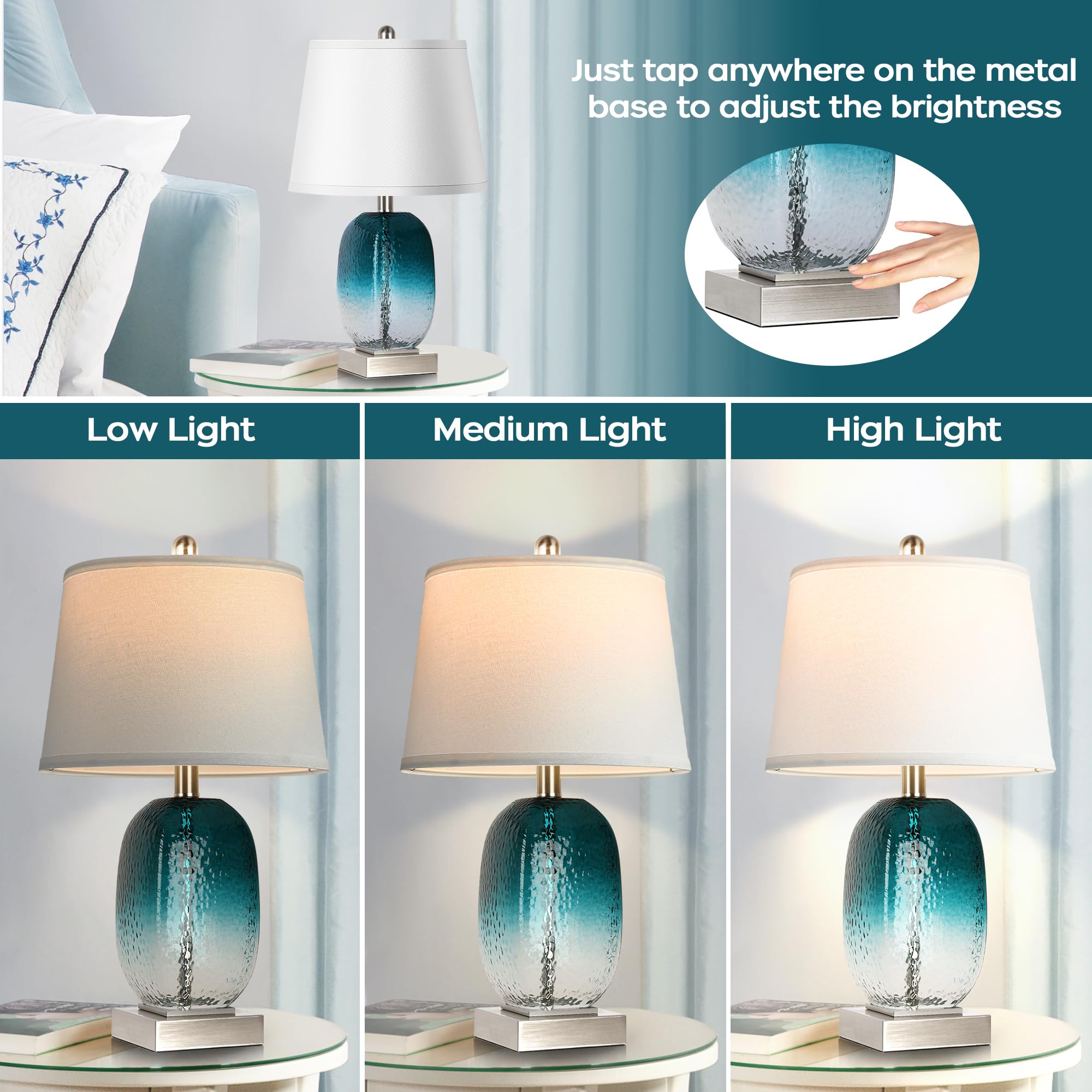 Partphoner Table Lamp Set Of 2 - Touch Control, 3-Way Dimmable, Teal Glass, Usb Ports, Led Bulbs Included, Modern Coastal Design