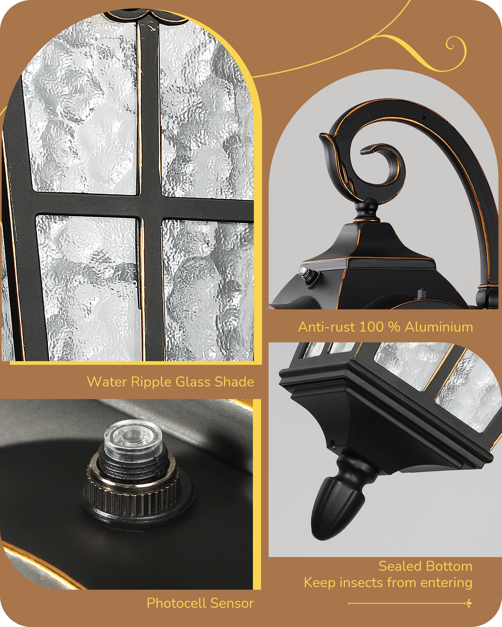 EDISHINE Dusk to Dawn Outdoor Wall Light, Black Aluminum Lantern Sconce, E26 Base, 2 Pack