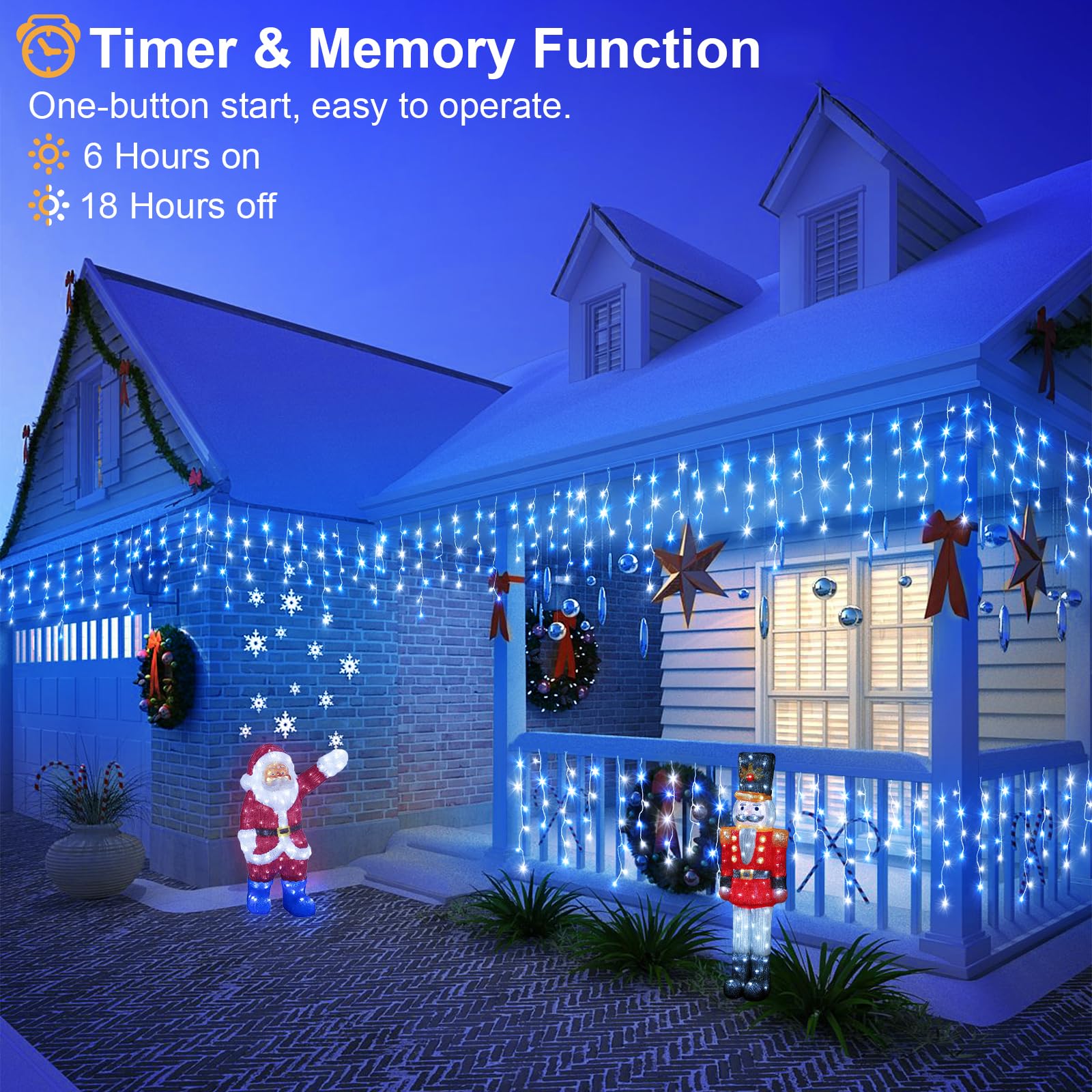Einiiya Icicle Christmas Lights, 640 LED, 66ft, Waterproof, 8 Modes, Blue & White, Model BG-CL3M3-306L01