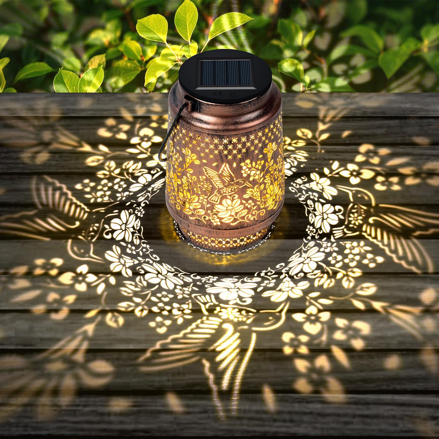 Motusamare Solar Outdoor Hanging Lantern, Waterproof Metal Hummingbird Decor, Brown, Model MO001