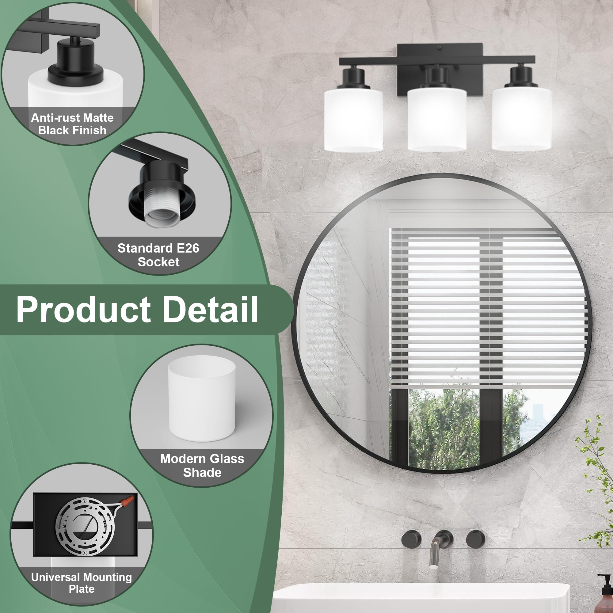 Dekang Black 3-Light Bathroom Vanity Light Fixture, Anti-Rust Wall Sconce With Milky White Shades