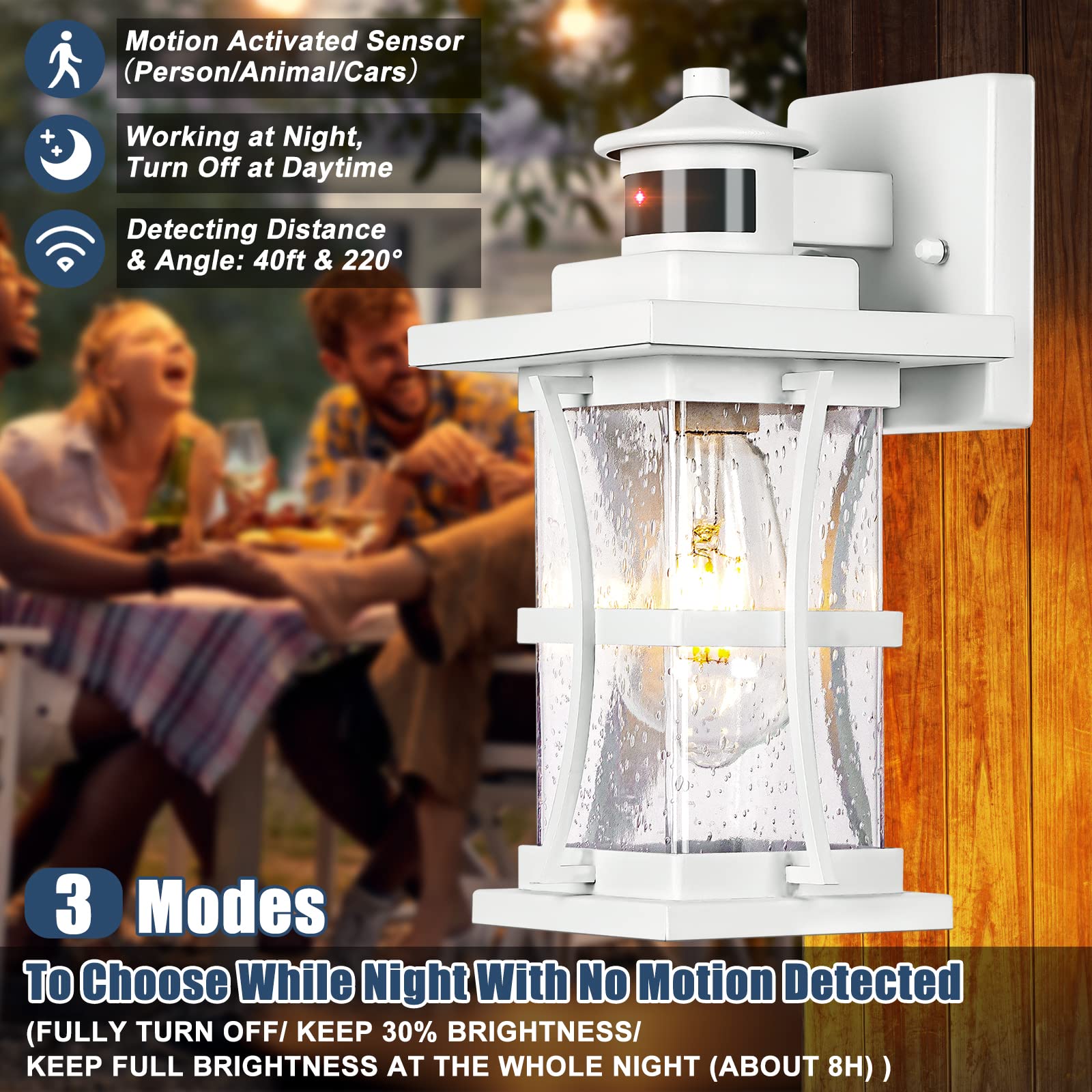 Frelii 2-Pack White Motion Sensor Outdoor Lights, Waterproof Metal & Glass Wall Mount Fixtures for Porch, Garage, Dusk to Dawn Lighting