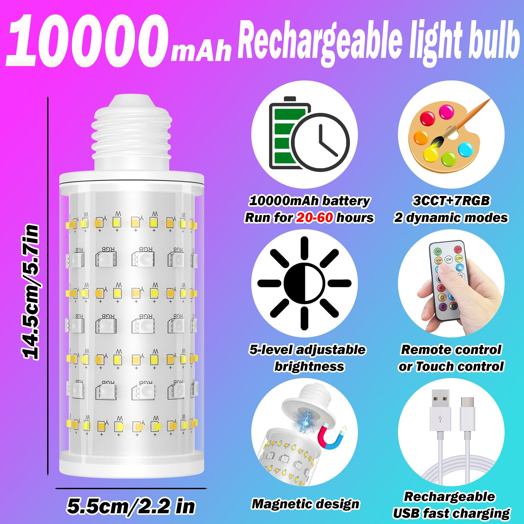 Battery Operated Light Bulb With Remote Control, 2 Pack Rechargeable Light Bulbs 360 Lighting For Non-Hardwired Lamp, 10000Mah R