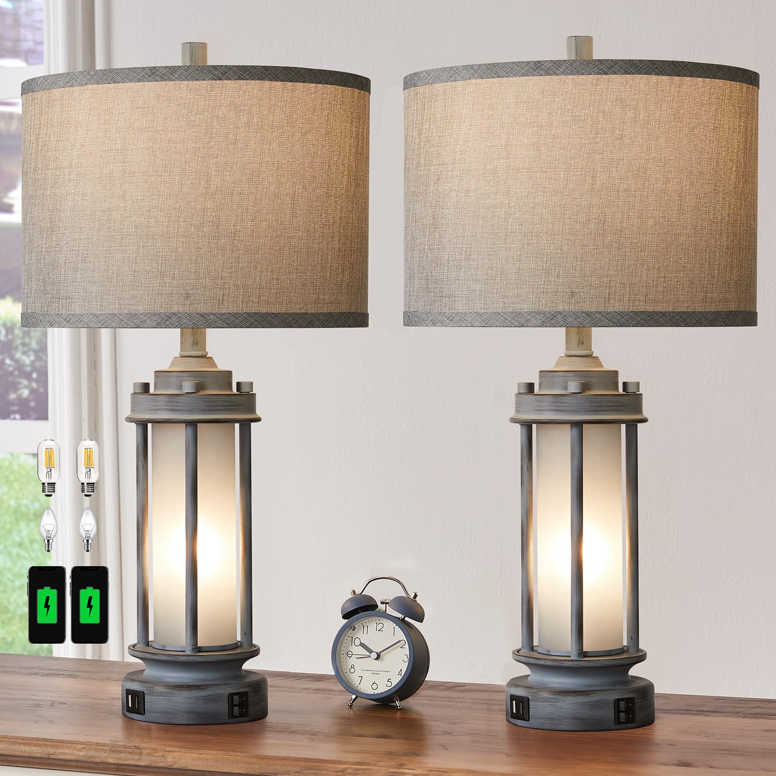 AIEAMPDO Rustic Table Lamps Set of 2, Vintage Light Green Glass, 2 USB Ports, Antique Metal, Model AI-8896