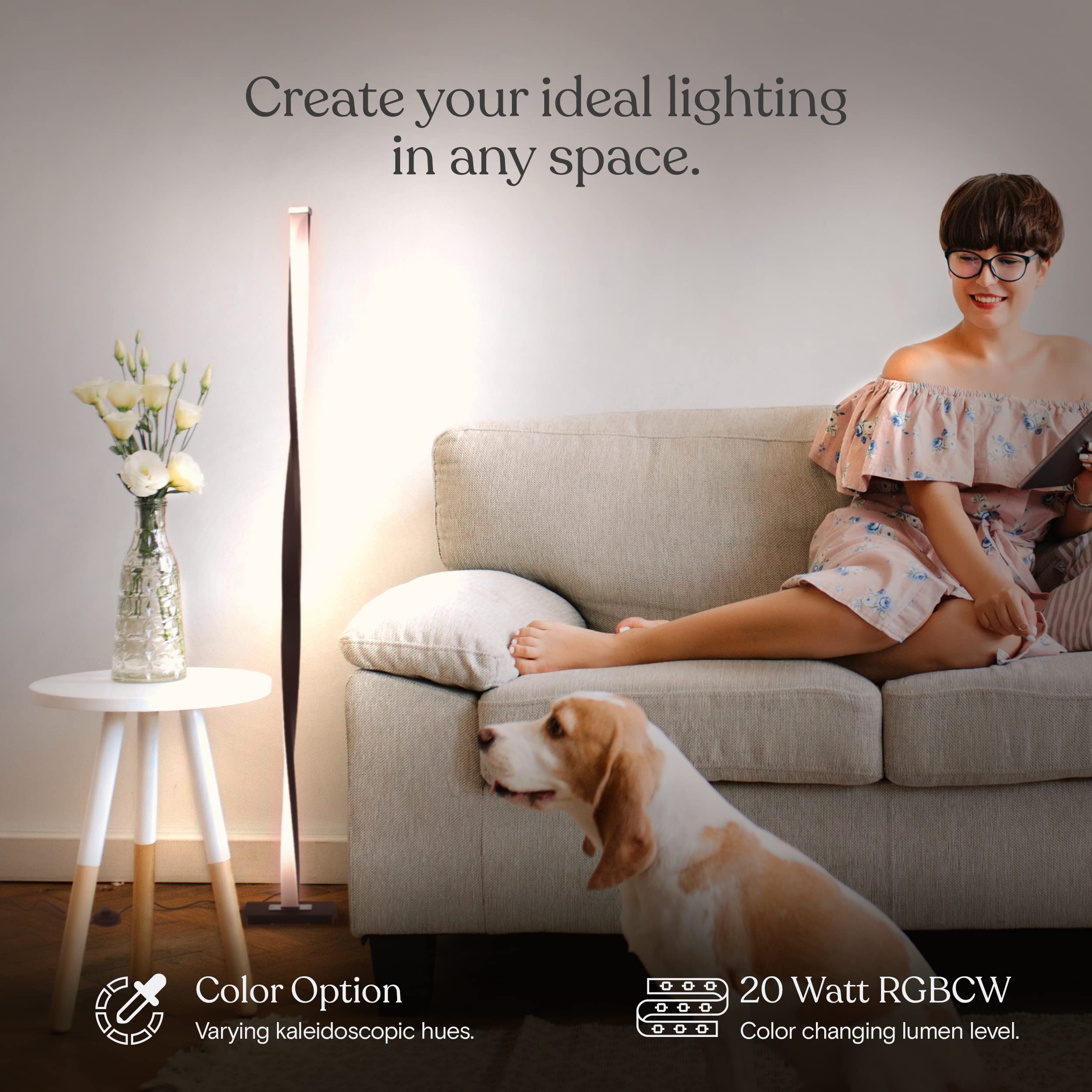 Brightech Helix Modern LED Floor Lamp - 48” Tall, RGB Color Changing, Twisting Column, Black Frame