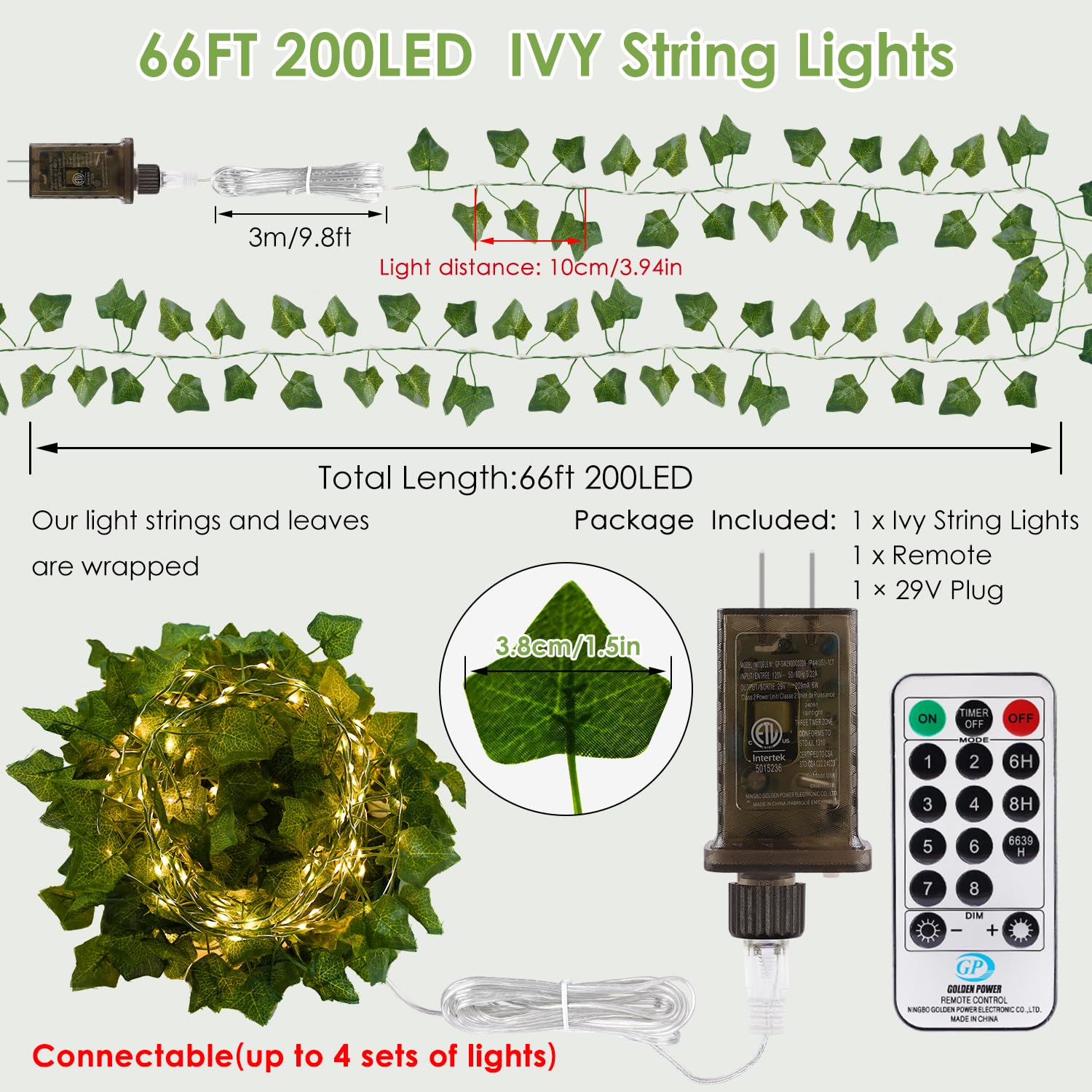 OMIKA 66FT 200 LED Ivy String Lights with Remote - Waterproof Warm White Fairy Lights for Bedroom, Garden, Party, Wedding Decor