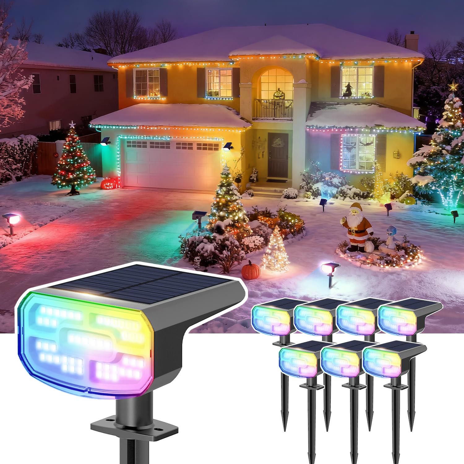 JEJOT Color Changing Solar Spot Lights Outdoor Waterproof IP65 9 Lighting Modes Multicolor RGB Christmas Spotlight for Porches Yard Gardens Landscape Deconrations-8 Pack