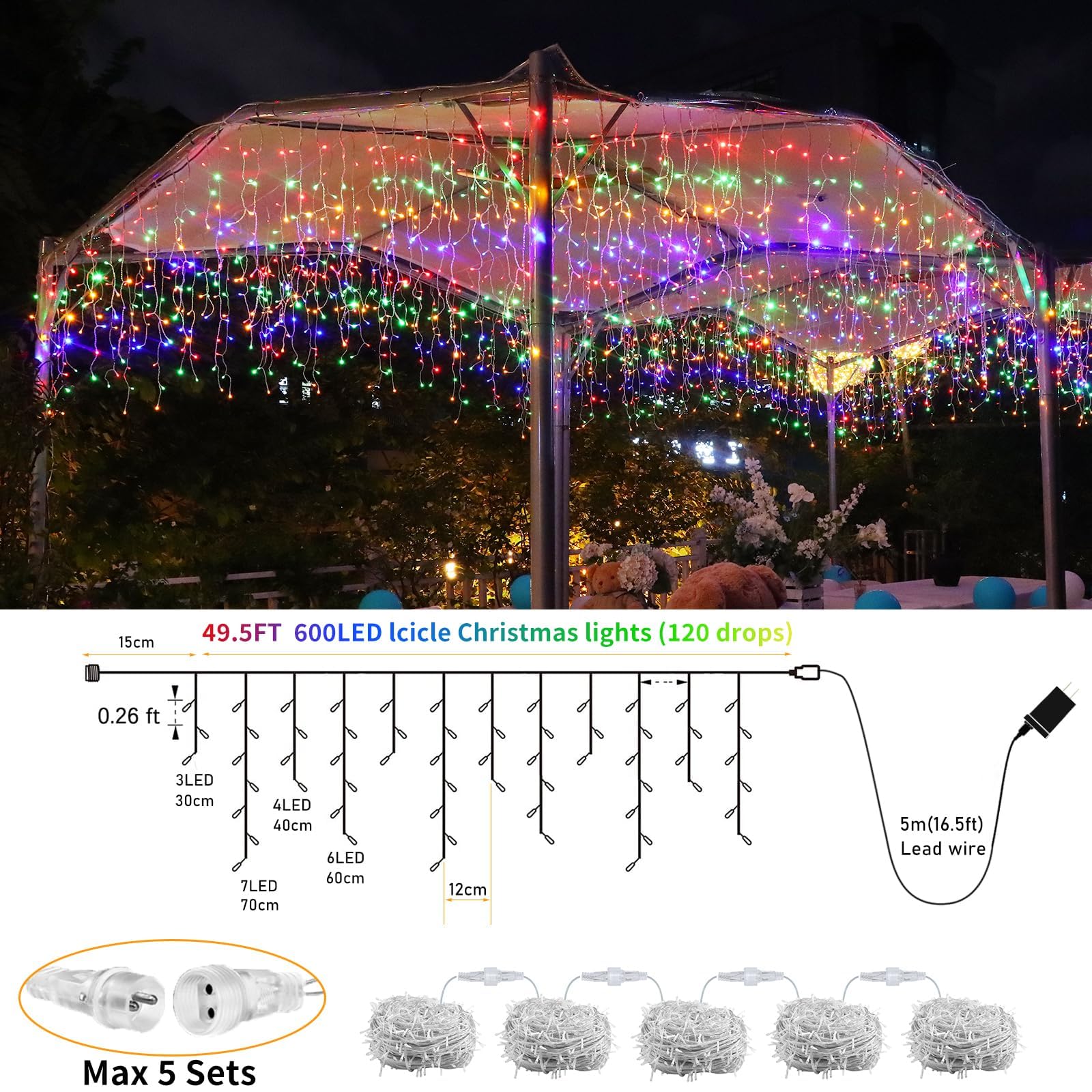 600 Led Christmas Icicle Lights Plug-In, 59Ft + 16Ft Multi Color Hang Icicle String Lights With Remote, 8 Modes Colorful Twinkle