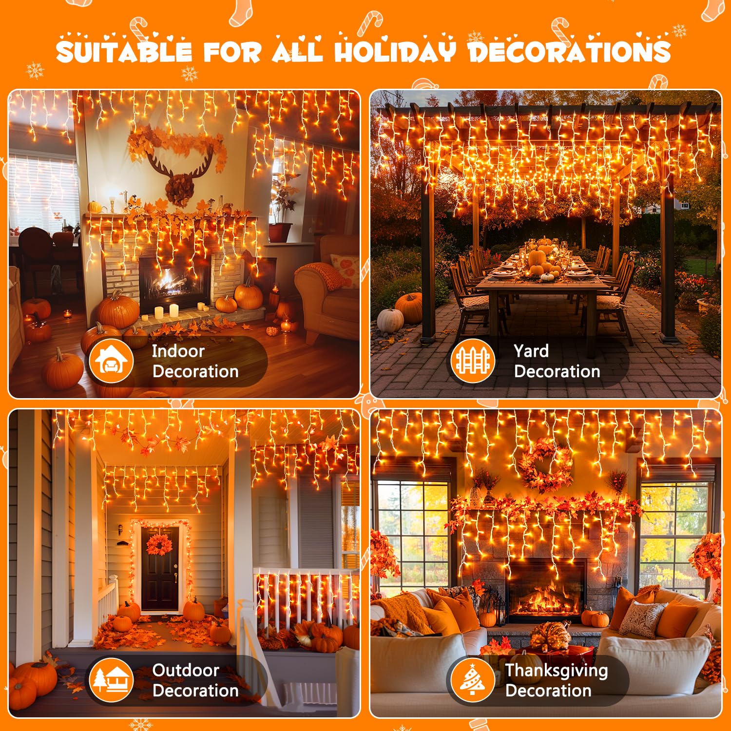 JMEXSUSS 800 LED Orange Icicle Lights - Waterproof, 8 Modes, Plug-in, Copper Material for Indoor/Outdoor Holiday Decor