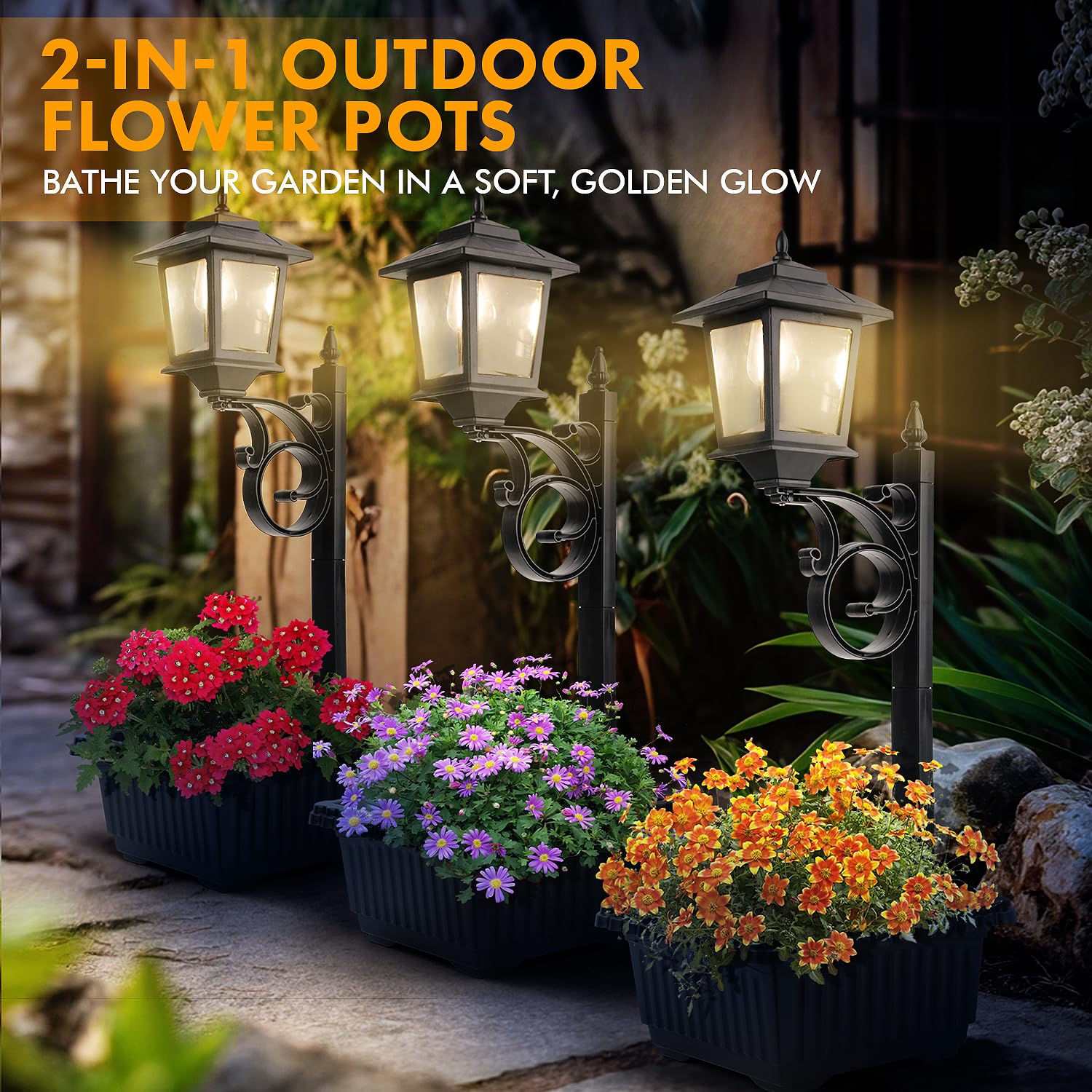 SAKSIAPRO Solar Lamp Post Light with Planter, Waterproof, Wall Mount/Freestanding, Black, Model YL1002