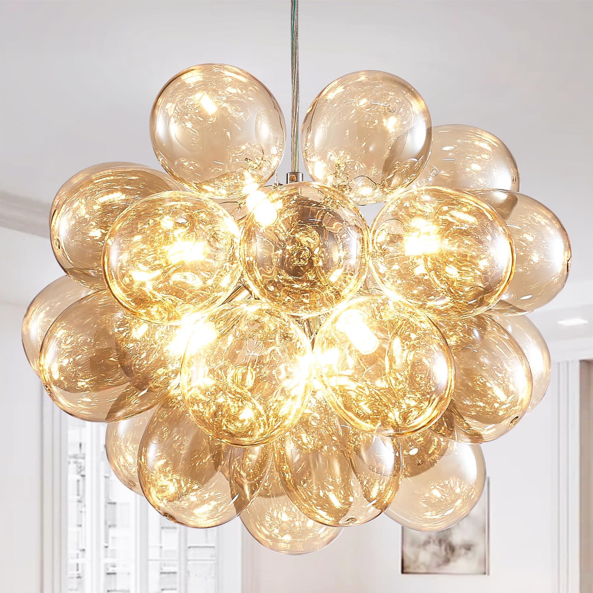 Longree Champagne Bubble Ball Chandelier, Dia 20 Inch Blown Glass Small Ballon Glass Pendant Light Fixture For Bedroom Study Bat