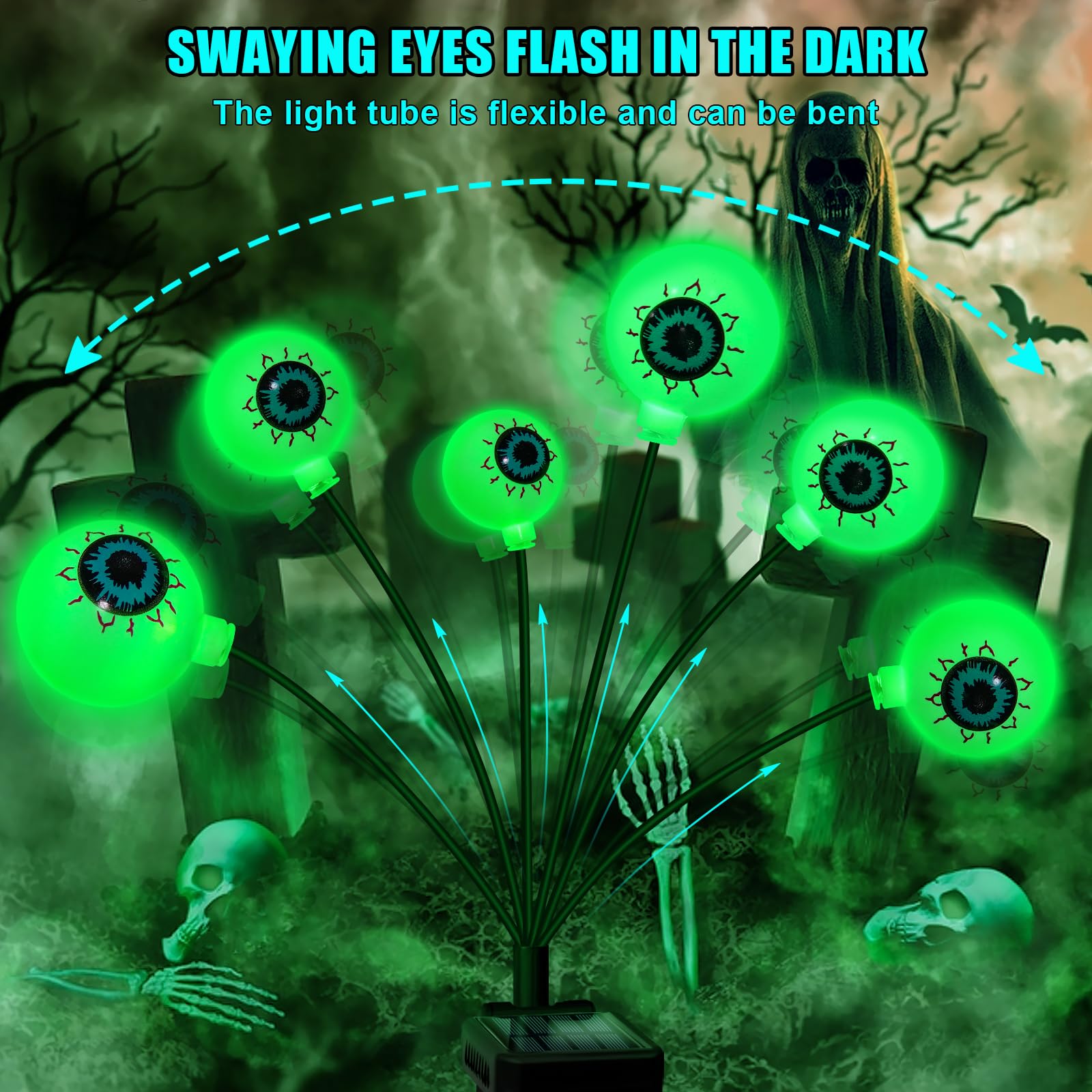 Nbqq Solar Halloween Decorations, 4 Pack 24 Led Spooky Eyeball Lights, Green Eyeball Swaying Firefly Lights,Waterproof Solar Halloween Path Lights For Yard Garden Lawn Party Decor