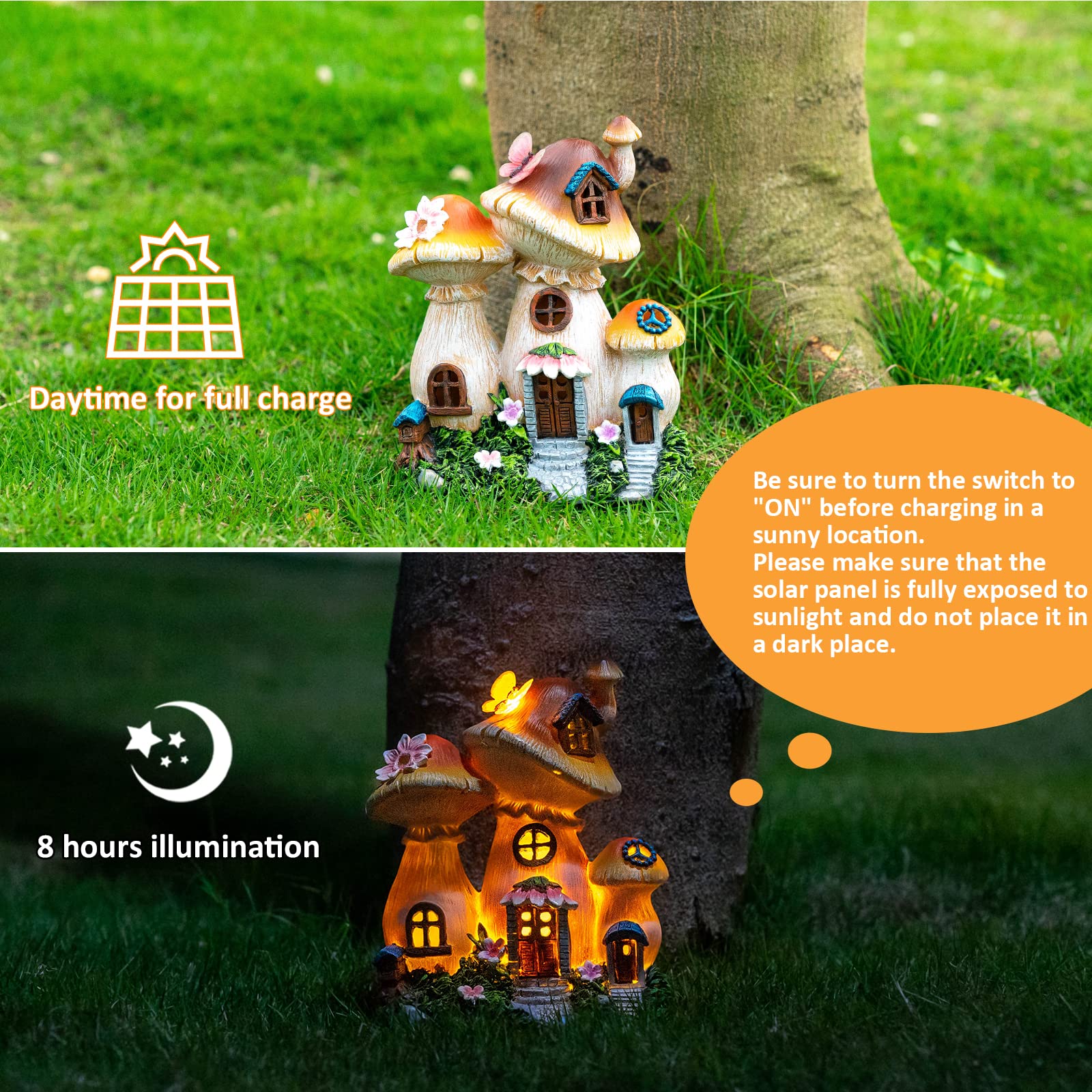 Candieslife Solar Garden Statue Lights Mushroom Fairy House Figurine, Outdoor Memorial Garden Ornaments Waterproof Decoration Fo
