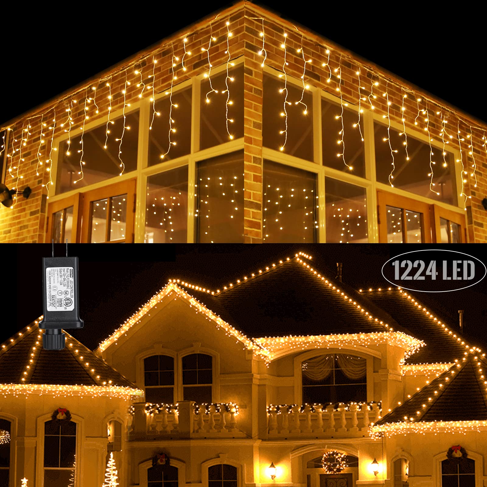 Toodour Icicle Christmas Lights, 100ft 1224 LED 8 Modes Icicle String Lights with 204 Drops, Window Curtain Fairy Icicle Lights, Icicle Fairy Twinkle Lights for Christmas, Party, Holiday (Warm White)