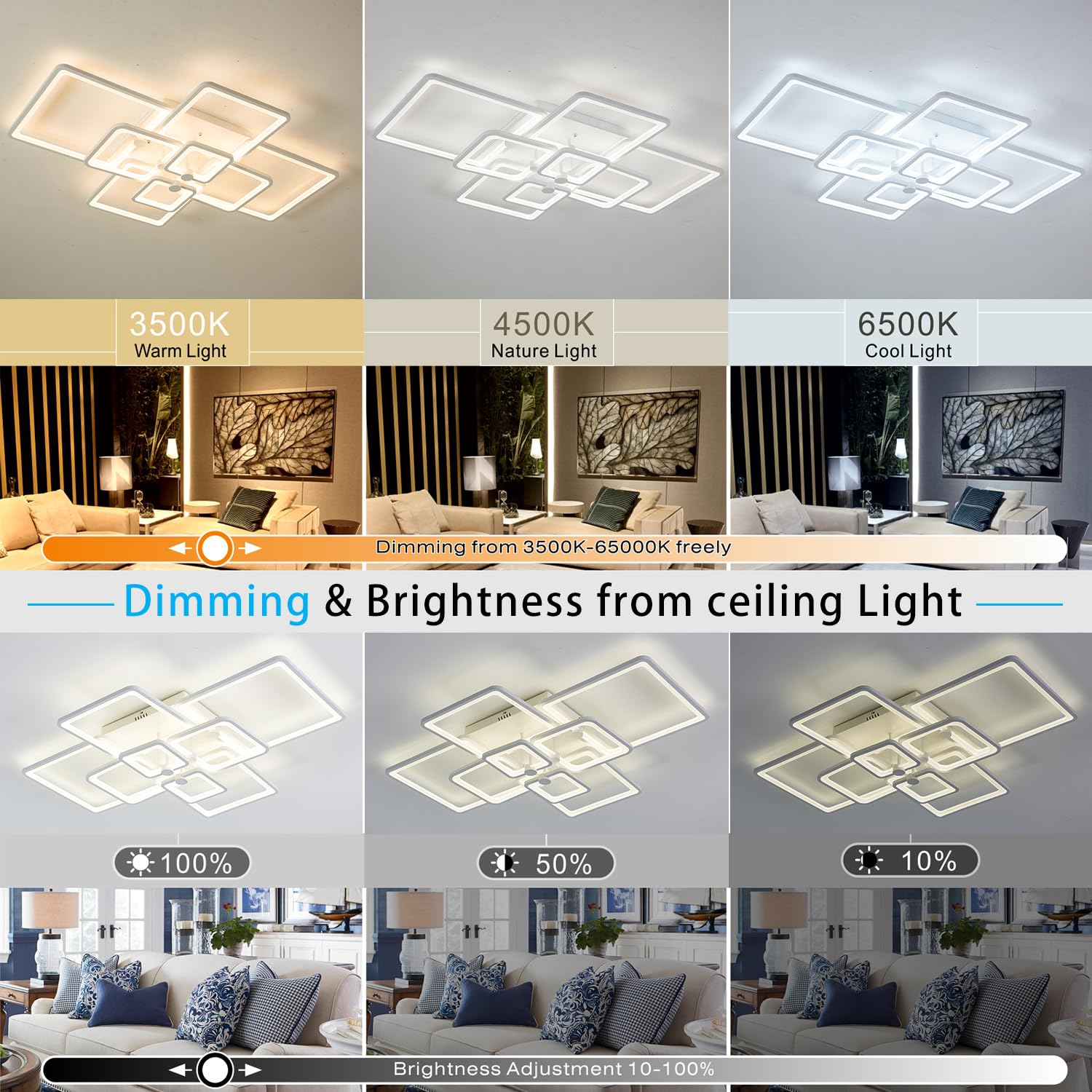 Modern Led Ceiling Light,41.7In White Modern Led Ceiling Light Dimmable For Living Room,8 Square Frame Acrylic With Remote Ceili