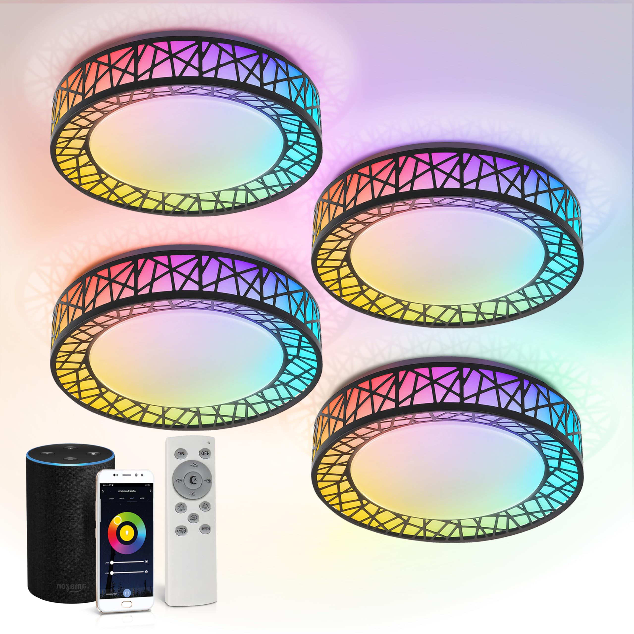 ASD 12 Inch Smart RGBW Flush Mount Ceiling Light, Dimmable, WiFi App Control, Matte Black, 20W, 4 Pack, Model A-LFM12D20SR