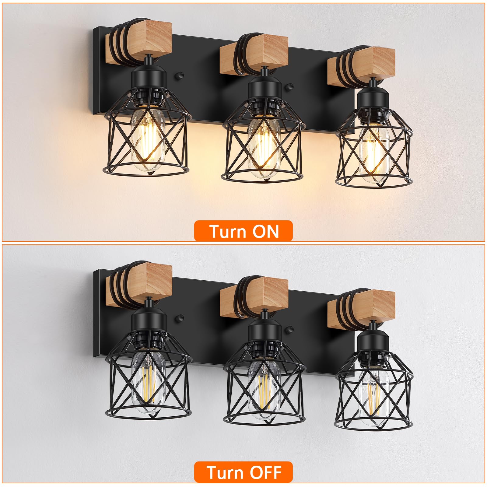 FadimiKoo 3-Light Farmhouse Vanity Light, Black Metal & Wood, Industrial Design for Bathroom, Bedroom, Hallway