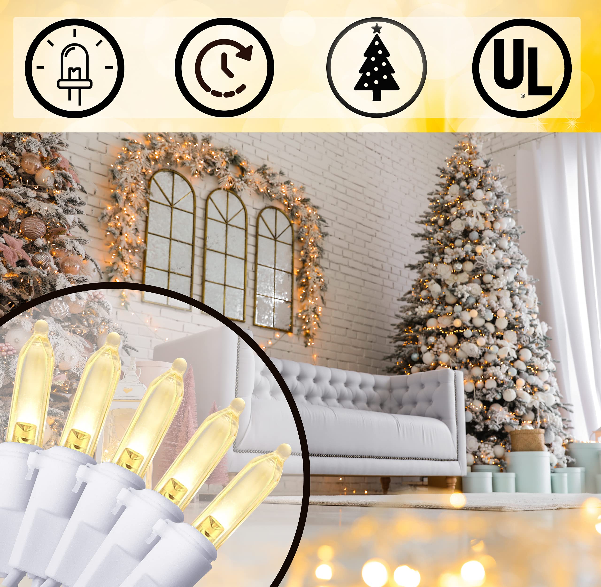 Holiday Essence 100 Led Warm White Christmas String Lights Set, 26.9 Ft White Wire Indoor Outdoor Use Décor For Easter Wedding Bedroom Home Christmas Tree Traditional Decoration, Ul Certified