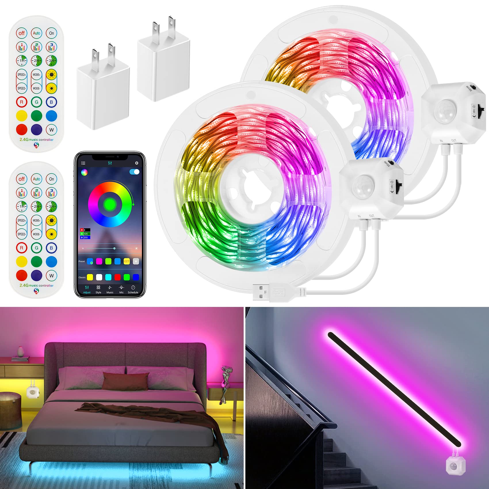 HOUHUI Motion Sensor LED Light Strip, RGB 2x9.8Ft, App Control, Music Sync, USB Under Cabinet Lights, Model WMS-2x3M