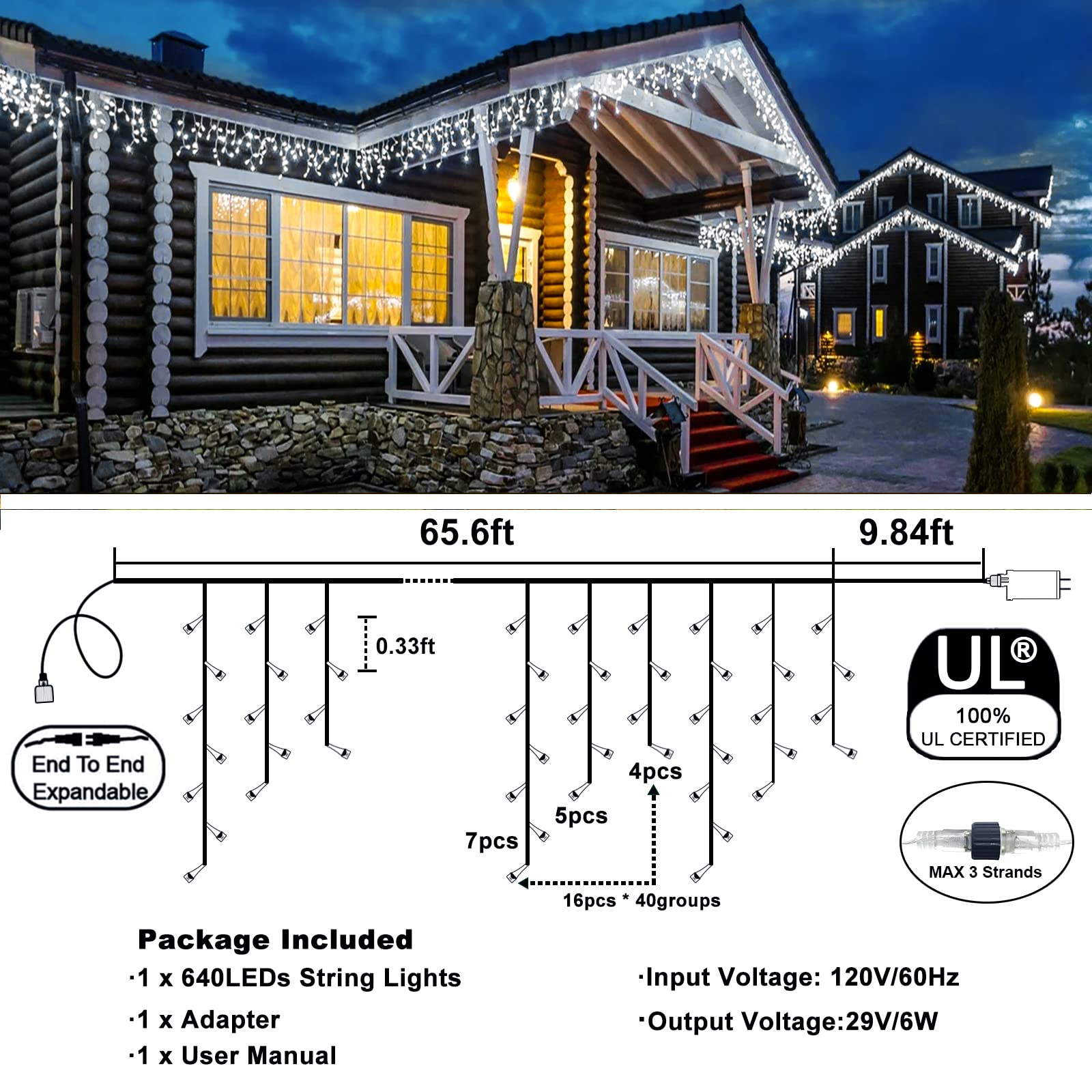 Icicle Lights For Outside, 66Ft 640 Led Christmas Lights Outdoor With 8 Modes 120 Drops, Waterproof Plug In Curtain String Lights For Indoor House Bedroom Yard Roof Wedding Decorations, White