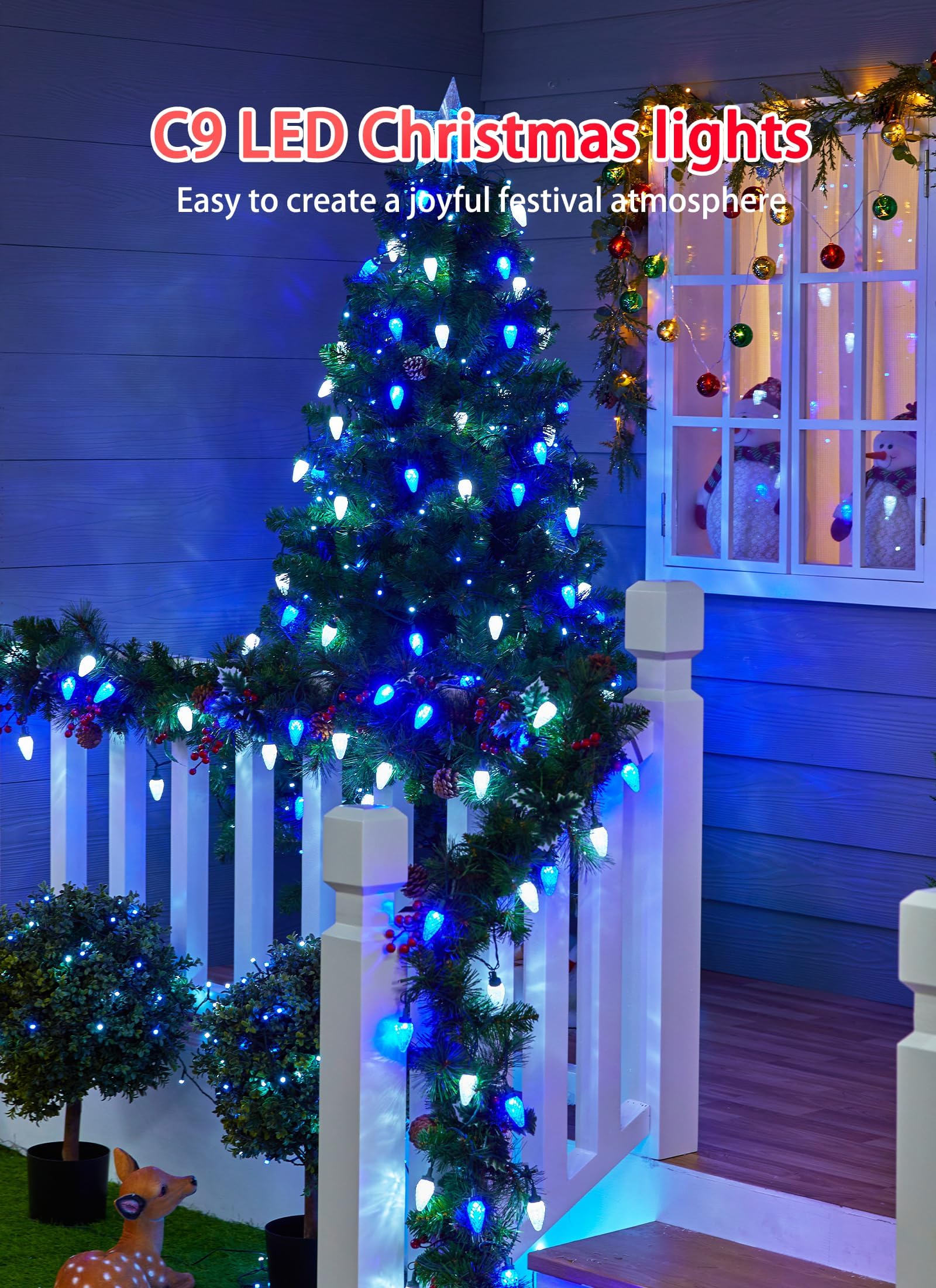 Minetom 2 Pack C9 LED Christmas String Lights 82ft 100 LEDs Blue and White with Timer, 8 Lighting Modes, Outdoor Holiday Decor
