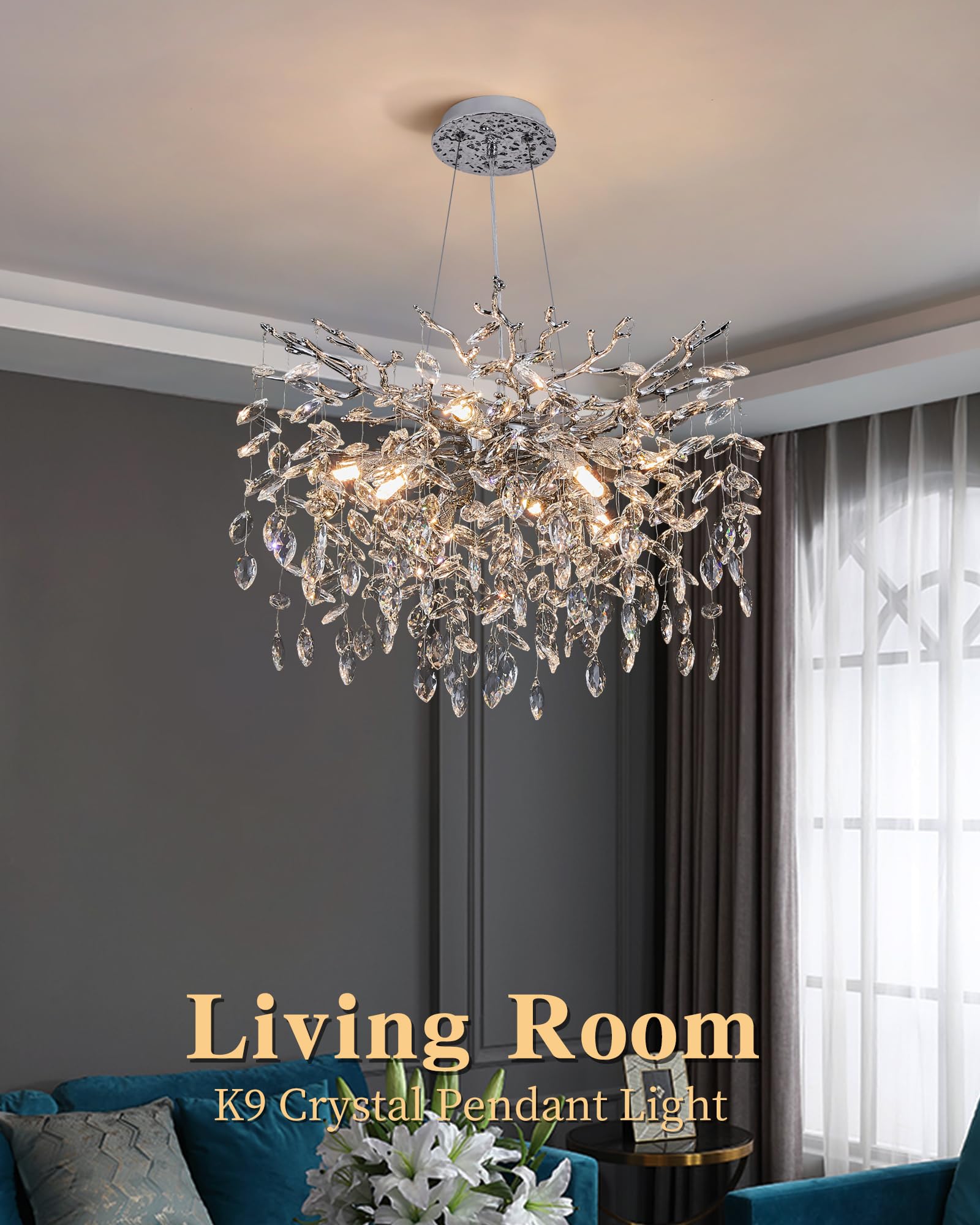 Modern Tree Branch Crystal Chandelier Luxury Silver Crystal Pendant Lighting 23.6'' Contemporary 8-Light Chandeliers For Dining