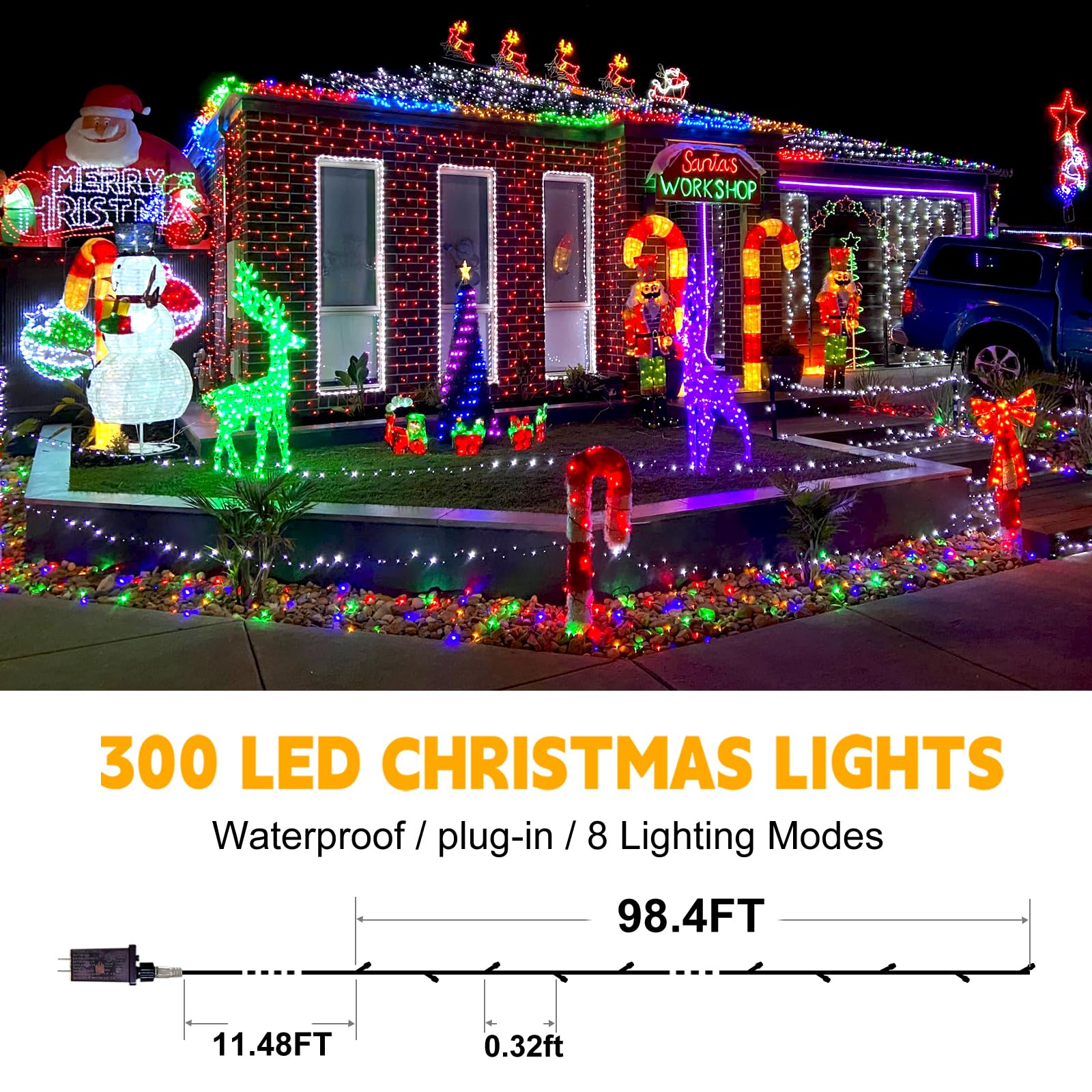 Flvoecn 98Ft 300Led Christmas Lights Outdoor Decorations 8 Modes & Memory Timer Christmas Lights With Plug In Waterproof Fairy S
