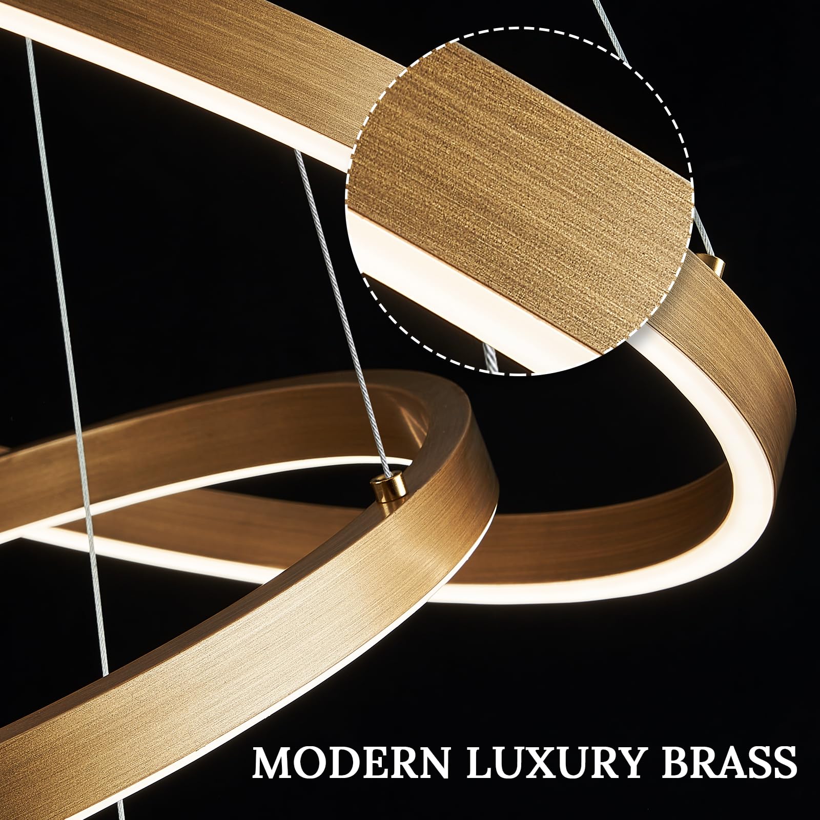 CaraLuxe LED 3-Ring Chandelier, Dimmable Pendant Light, 24in Gold Brass, Remote Control, Model 22