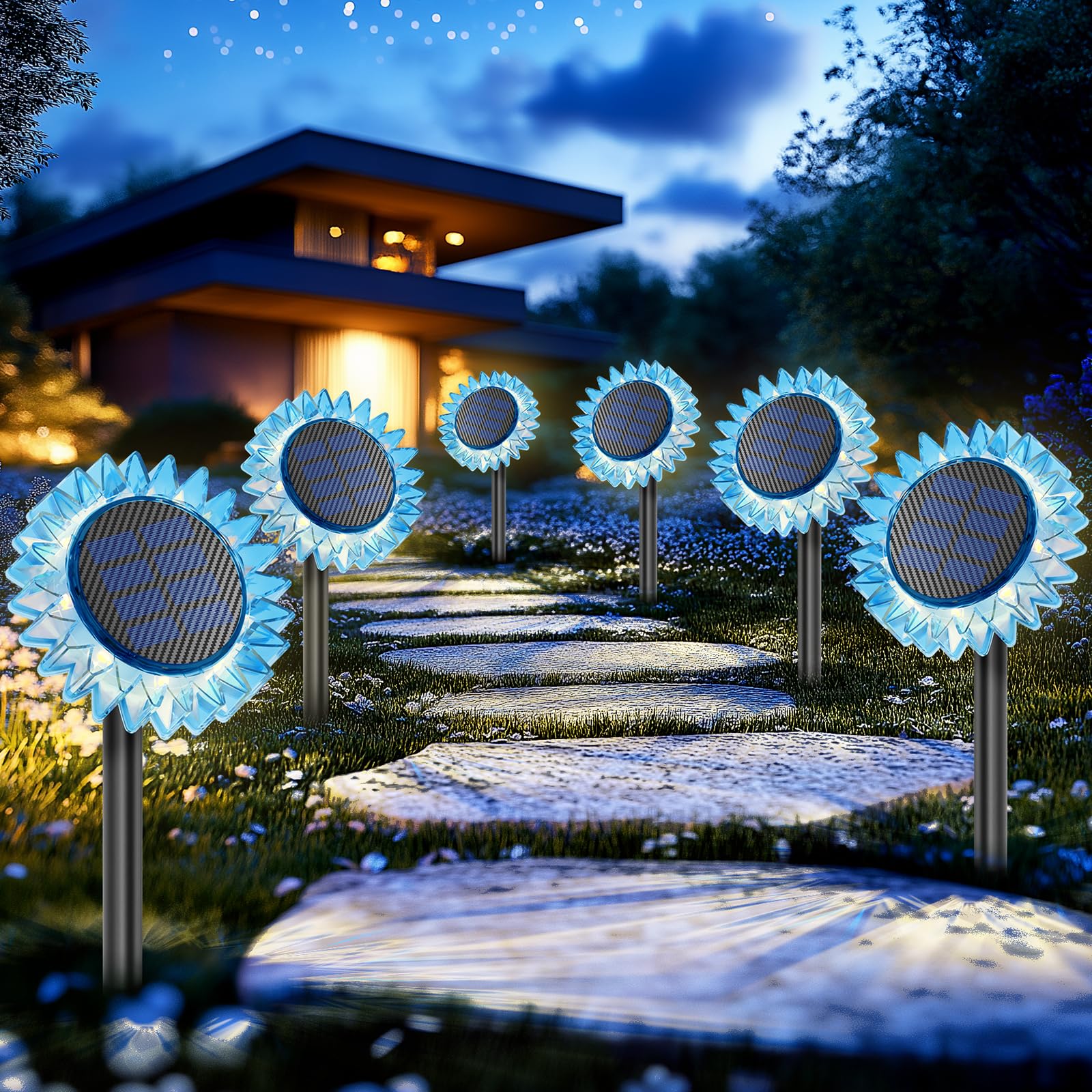 VGYVGYCC Solar Garden Lights - Upgraded Sunflower, 6 Pack, Waterproof IP67, Blue-Warm White, 2-In-1 Ground/Wall Decor