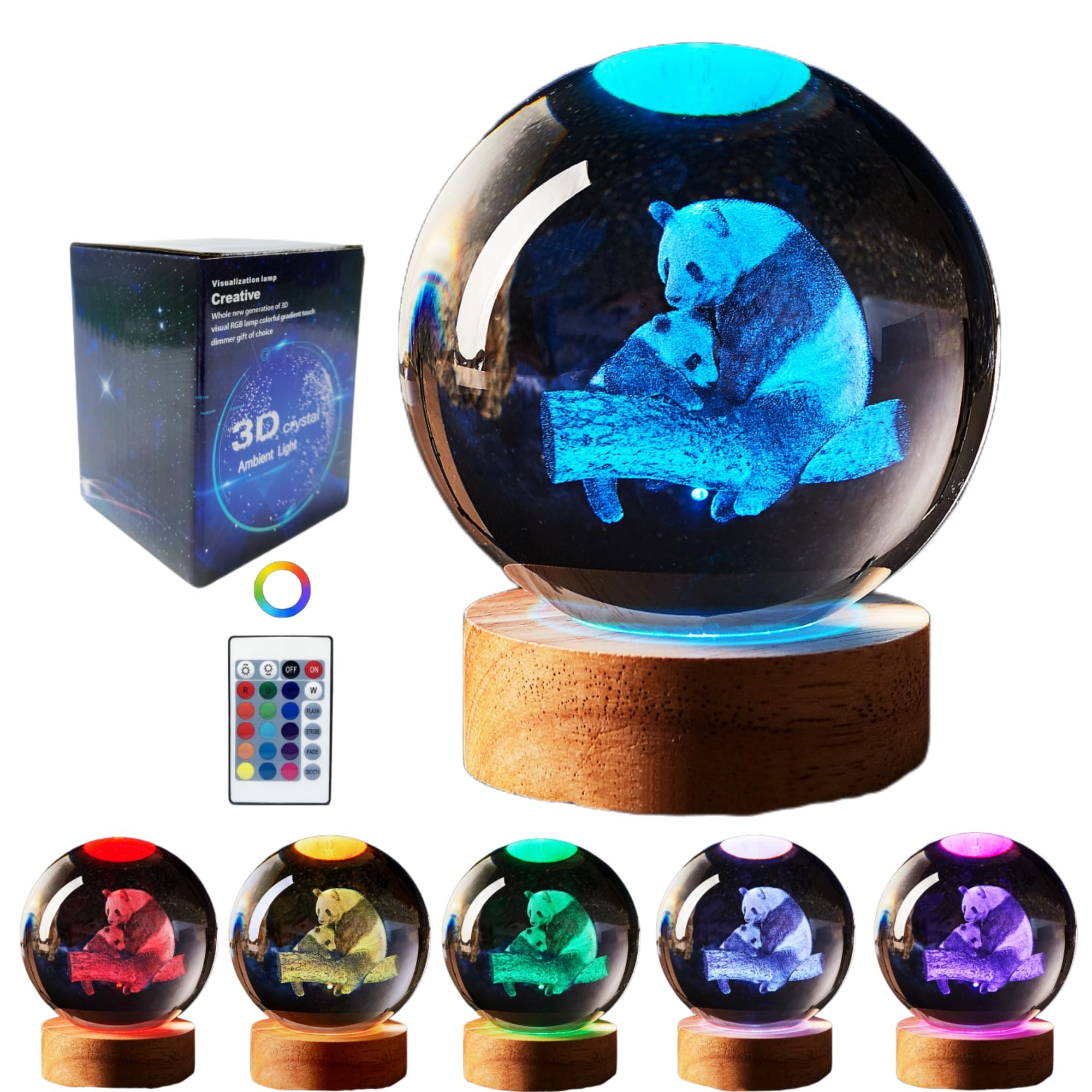 3D panda Crystal Ball lamp,3.15 inch K9 Crystal Ball night light,panda family Light with Wooden Base,glass ball table lamp,16 Co